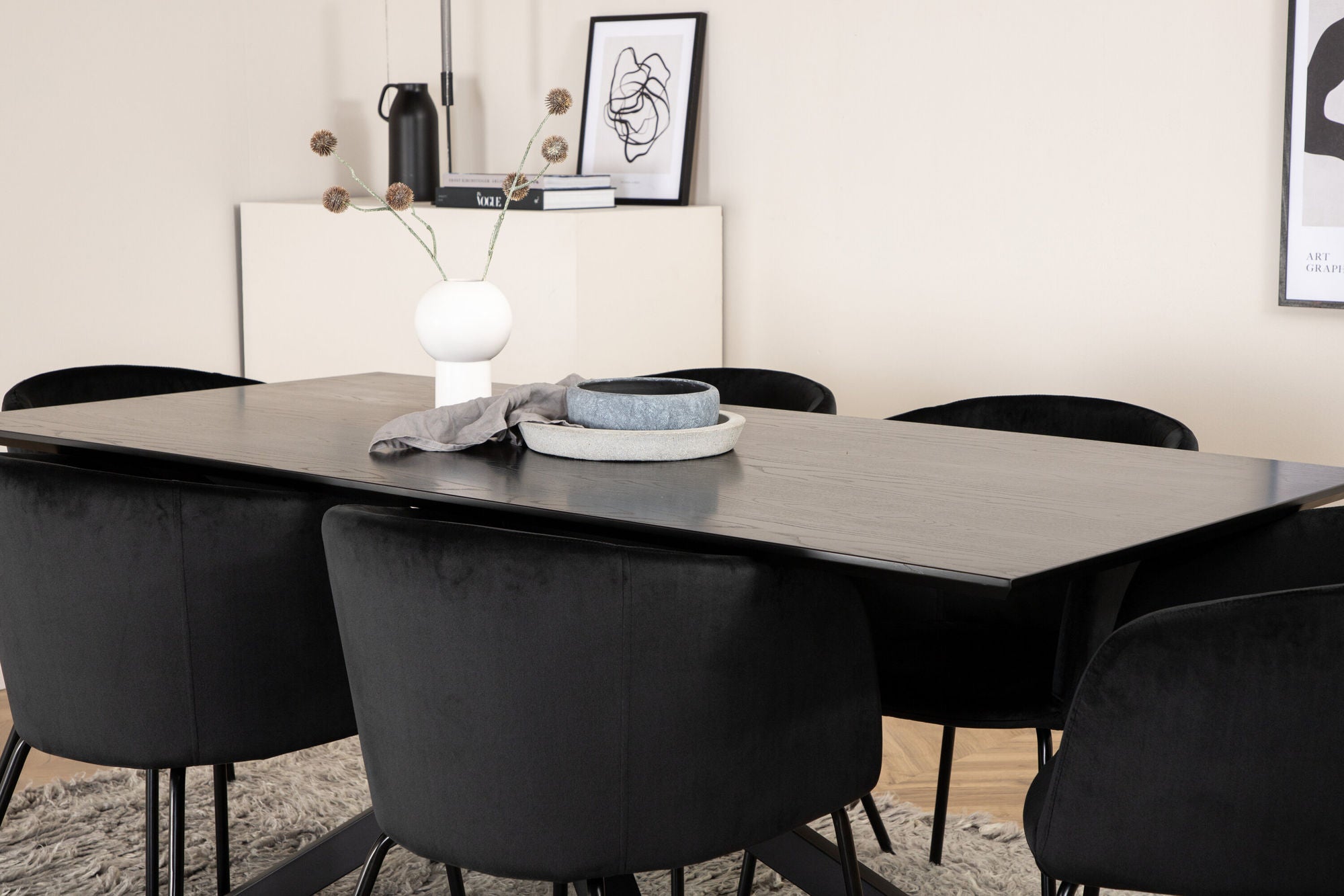 Venture Home Piazza spisebord - Black / Black Veneer+Berit stol - Black / Black Velvet_6