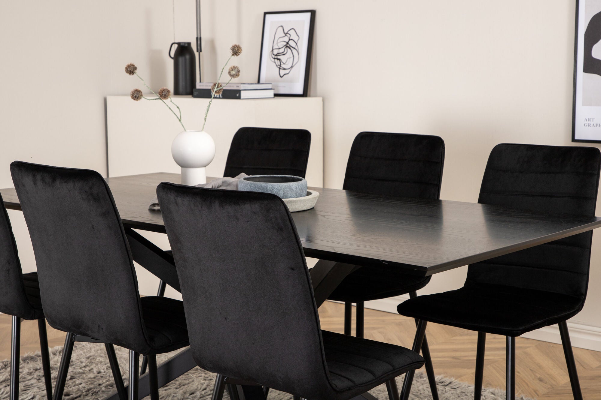 Venture Home Piazza spisebord - Black / Black Veneer+Windu Lyx stol - Black / Black Velvet_6