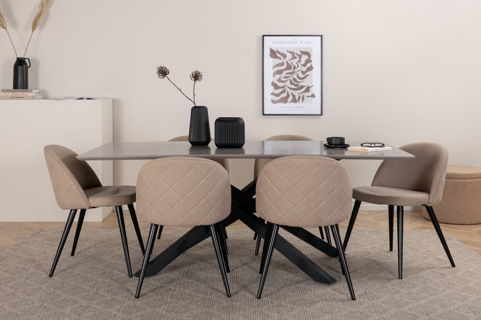 Venture Home Piazza spisebord - Black / Grey Veneer+Velvet Stitches stol - Black / Beige Fabric (Polyester linen )_6