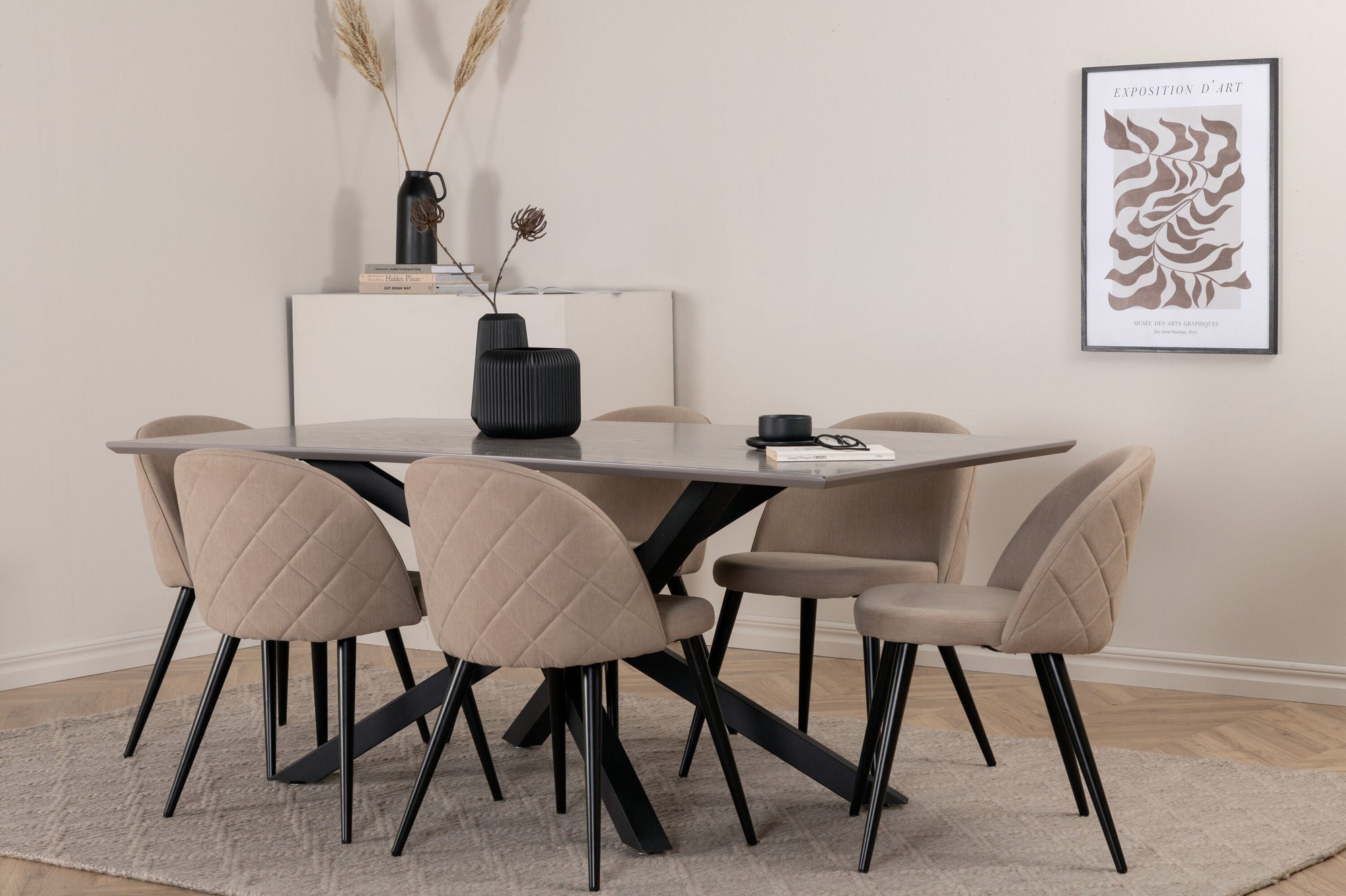 Venture Home Piazza spisebord - Black / Grey Veneer+Velvet Stitches stol - Black / Beige Fabric (Polyester linen )_6