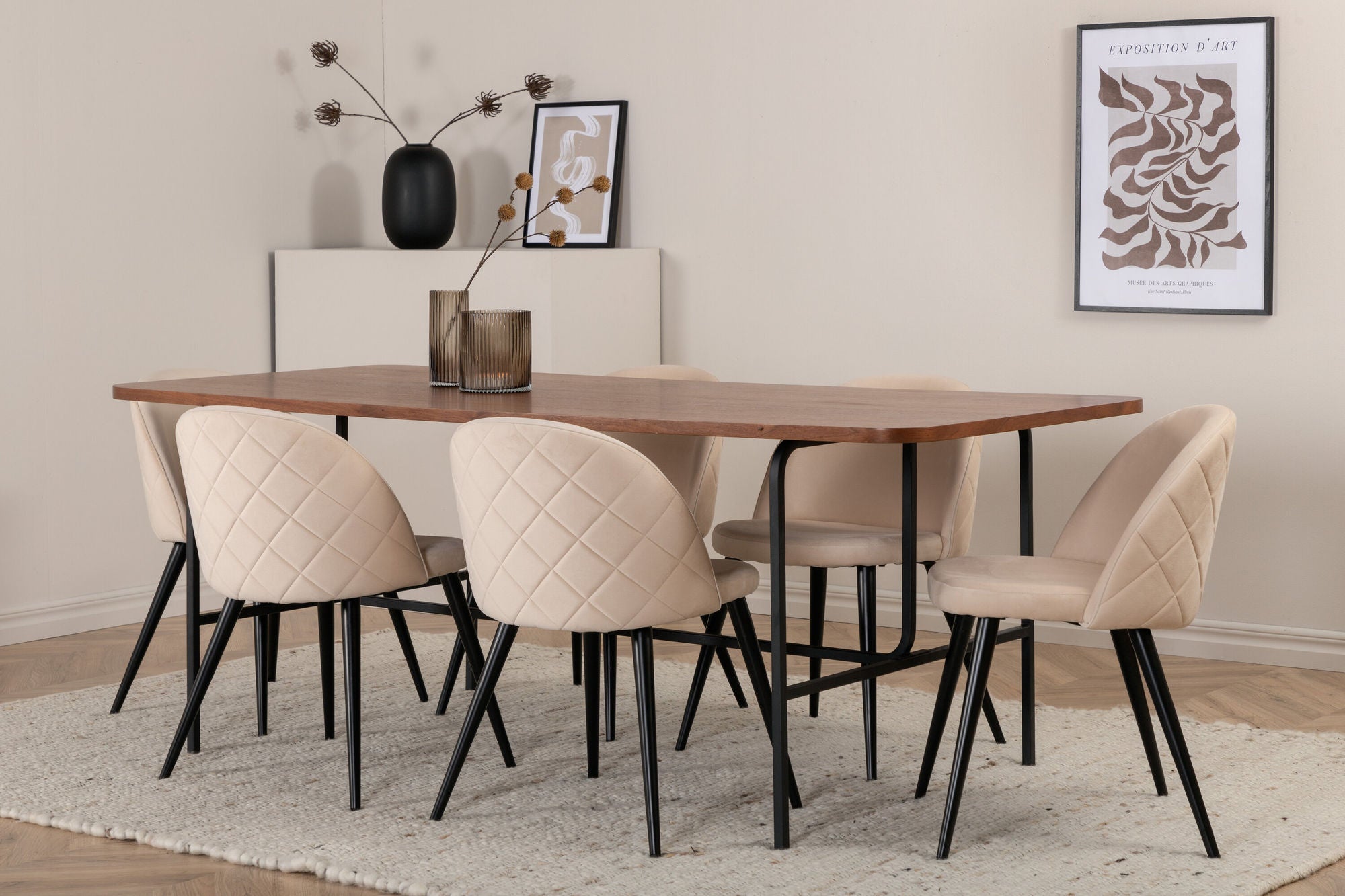 Venture Home Uno spisebord - Black / Walnut Veneer+Velvet Stitches stol - Black / Beige Velvet_6