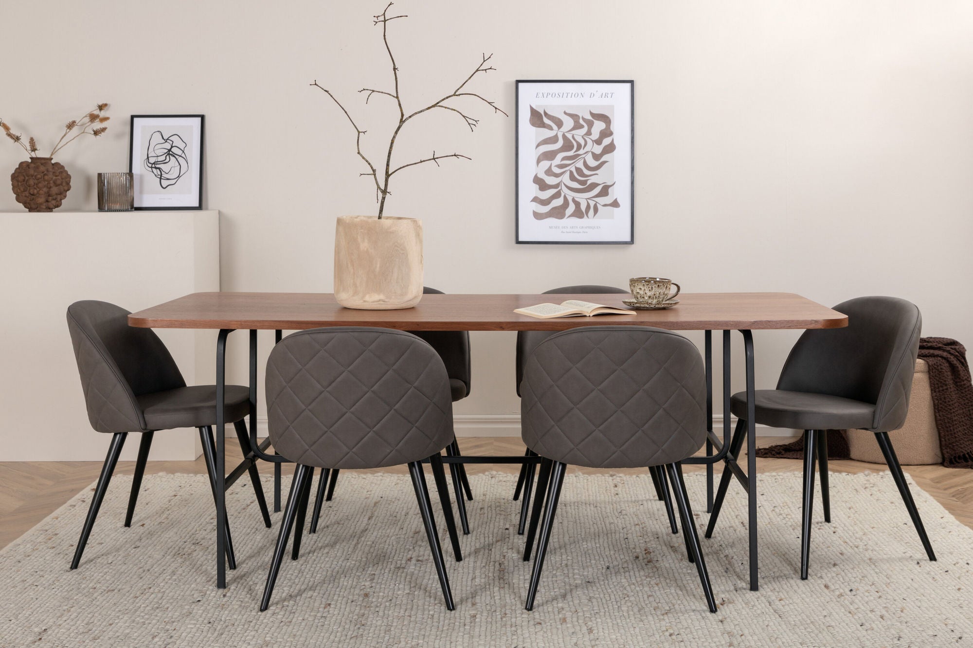 Venture Home Uno spisebord - Black / Walnut Veneer+Velvet Stitches stol - Black / Grey Micro Fibre_6