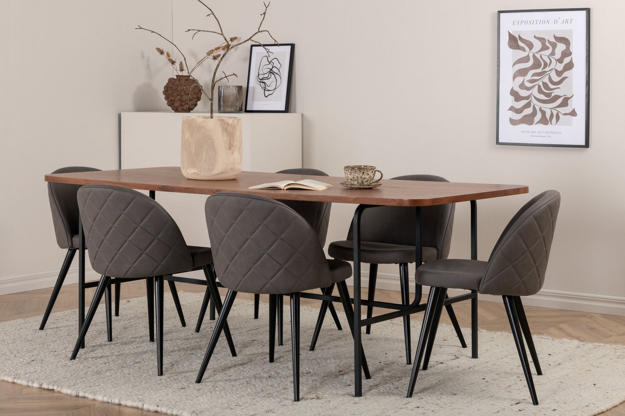 Venture Home Uno spisebord - Black / Walnut Veneer+Velvet Stitches stol - Black / Grey Micro Fibre_6