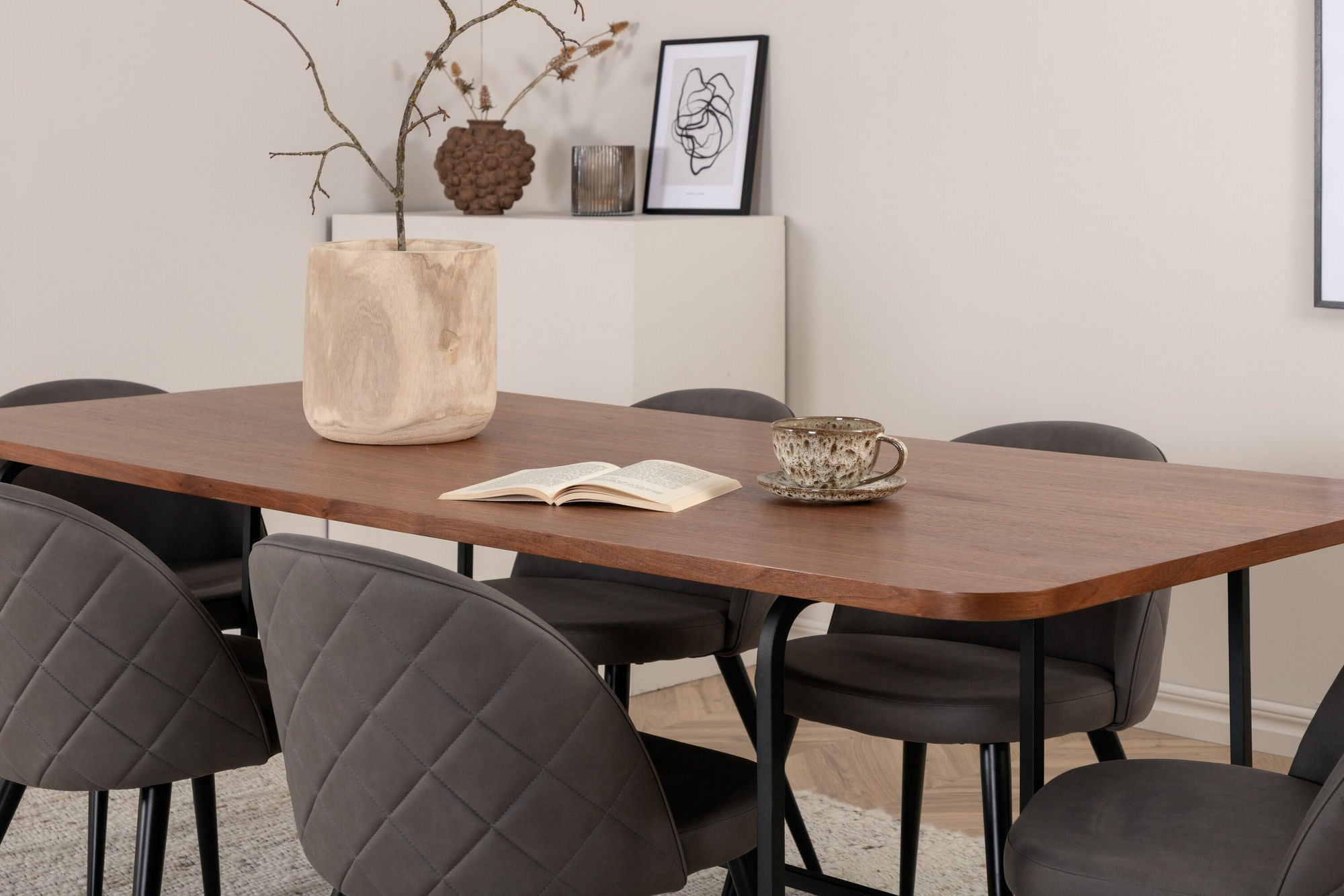 Venture Home Uno spisebord - Black / Walnut Veneer+Velvet Stitches stol - Black / Grey Micro Fibre_6