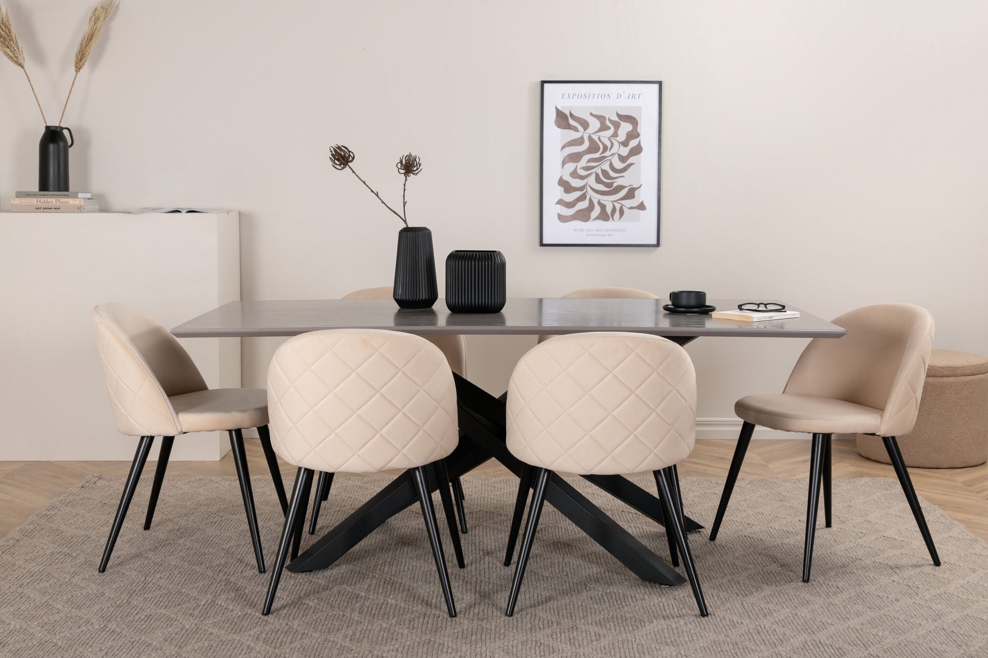 Venture Home Piazza spisebord - Black / Grey Veneer+Velvet Stitches stol - Black / Beige Velvet_6