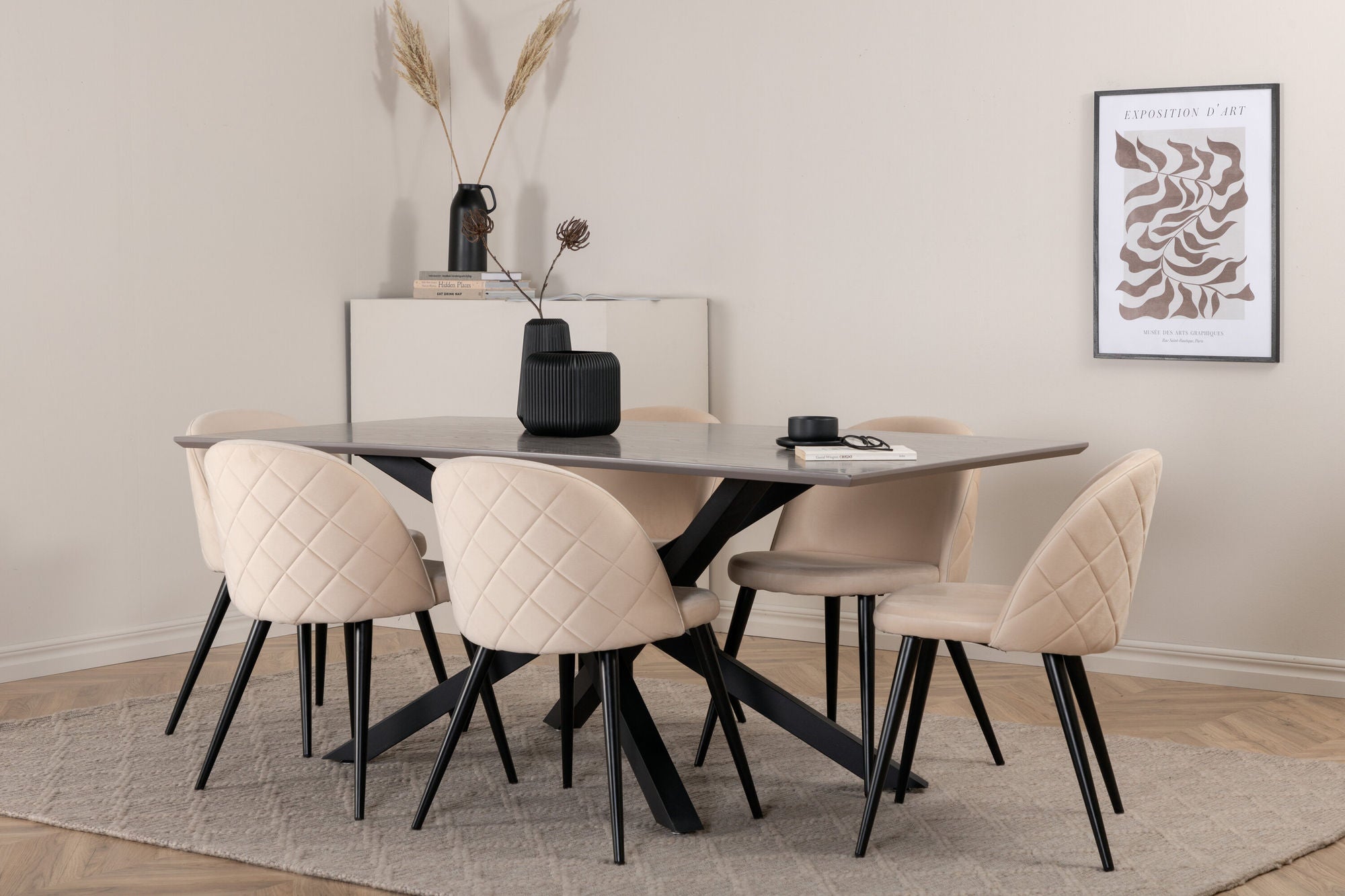 Venture Home Piazza spisebord - Black / Grey Veneer+Velvet Stitches stol - Black / Beige Velvet_6