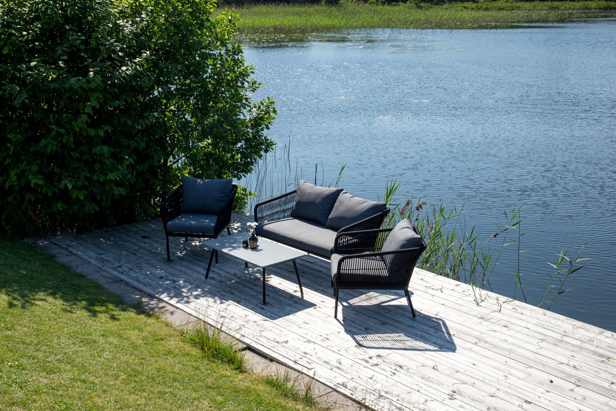 Venture Home Lindos Sofa Set - Black Alu / Black Rope / Grey Cushions