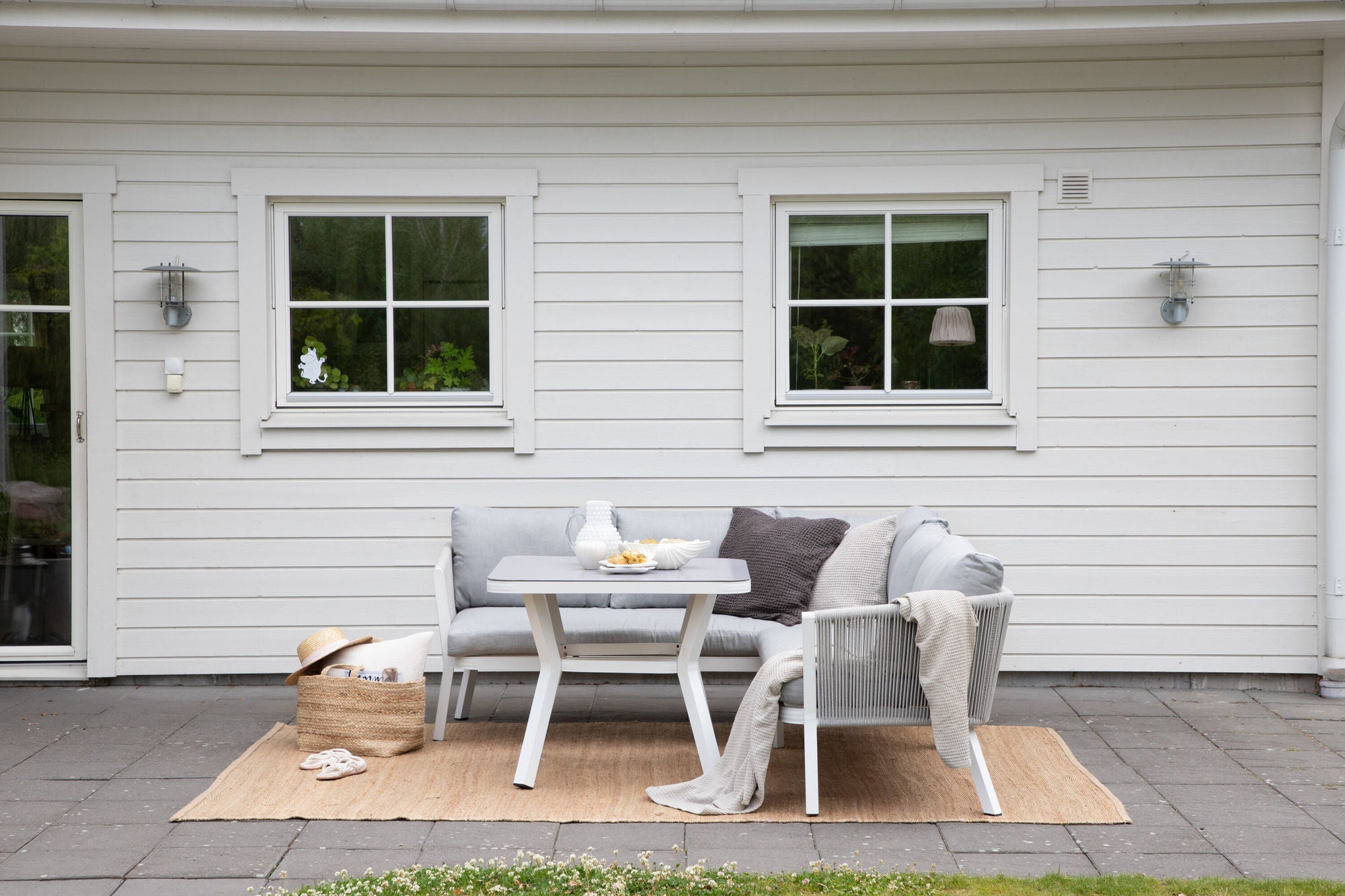Venture Home Virya hjørne sofa set (3+2+1) White alu / Grey rope / grey cushion