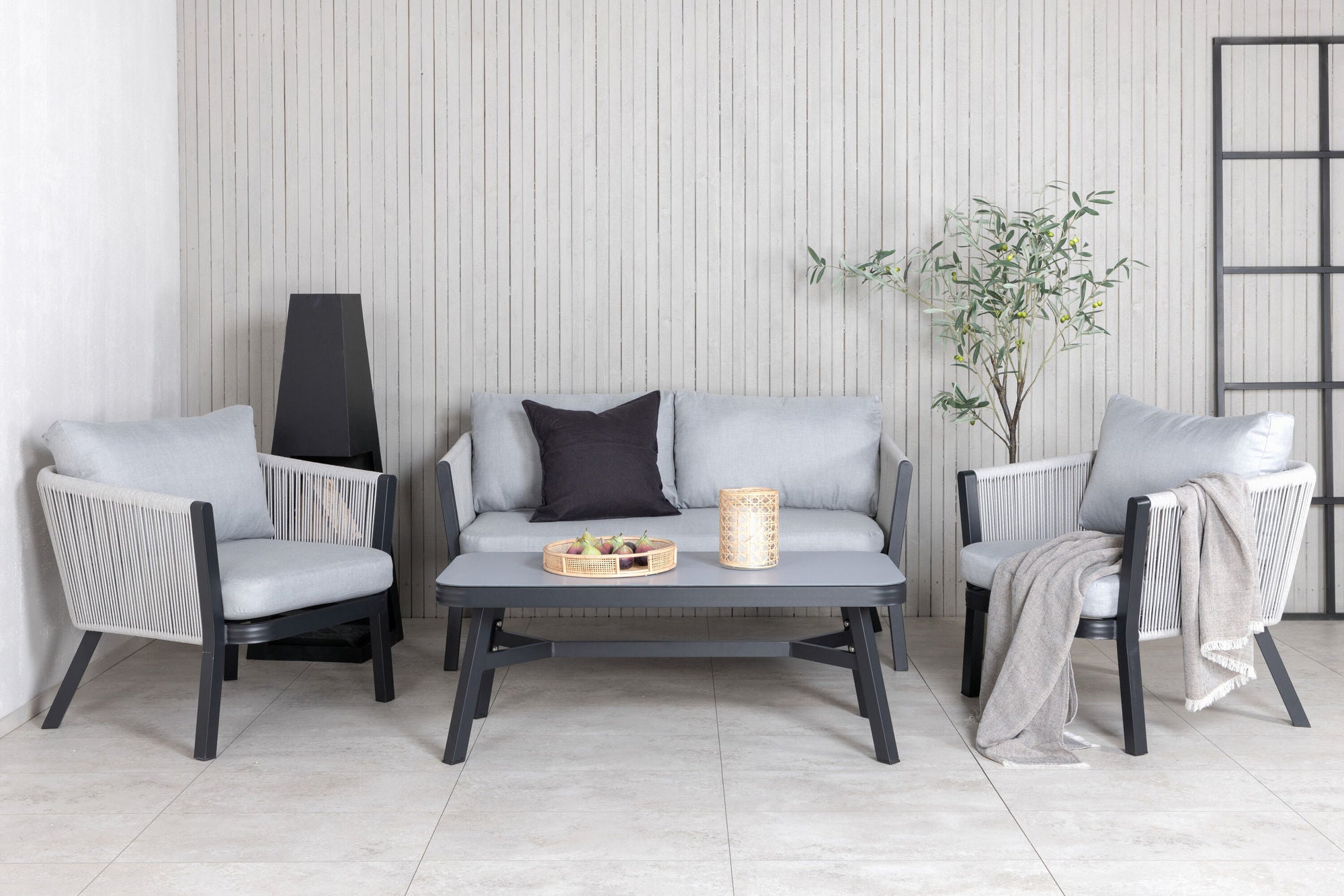 Venture Home Virya Lounge set (3+2+1) BLACK alu / Grey rope / grey cushion