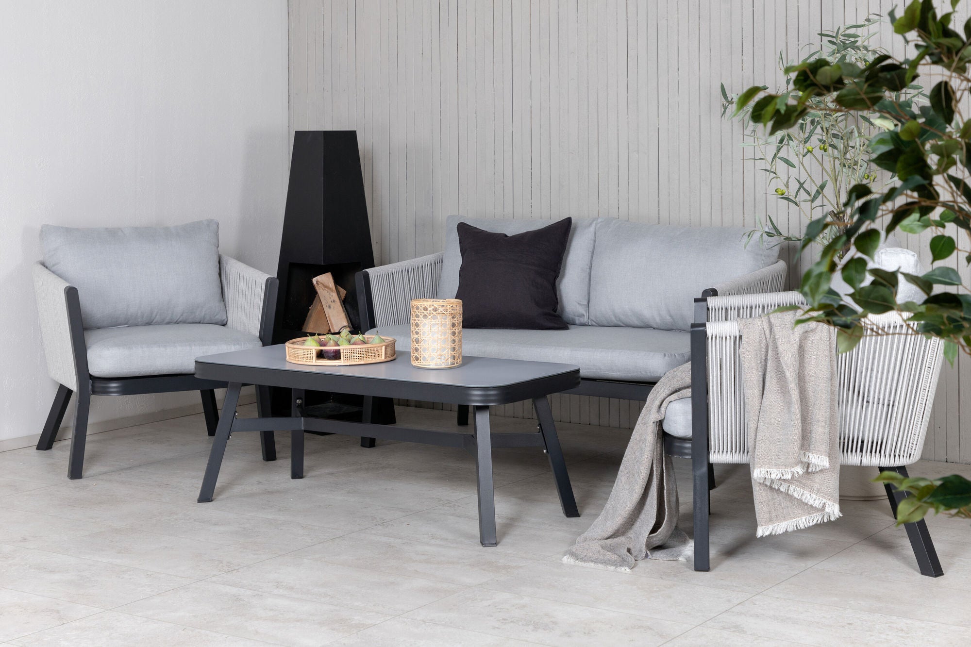Venture Home Virya Lounge set (3+2+1) BLACK alu / Grey rope / grey cushion