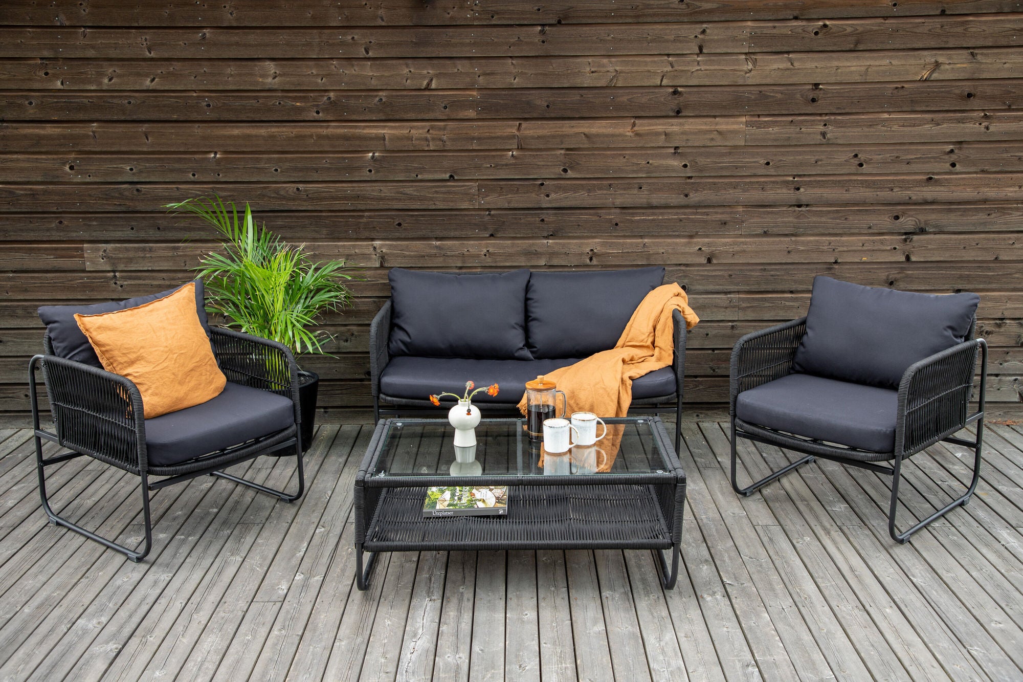 Venture Home Utah Lounge set - Black - Black rope (two seater + 2 one seater + bord)