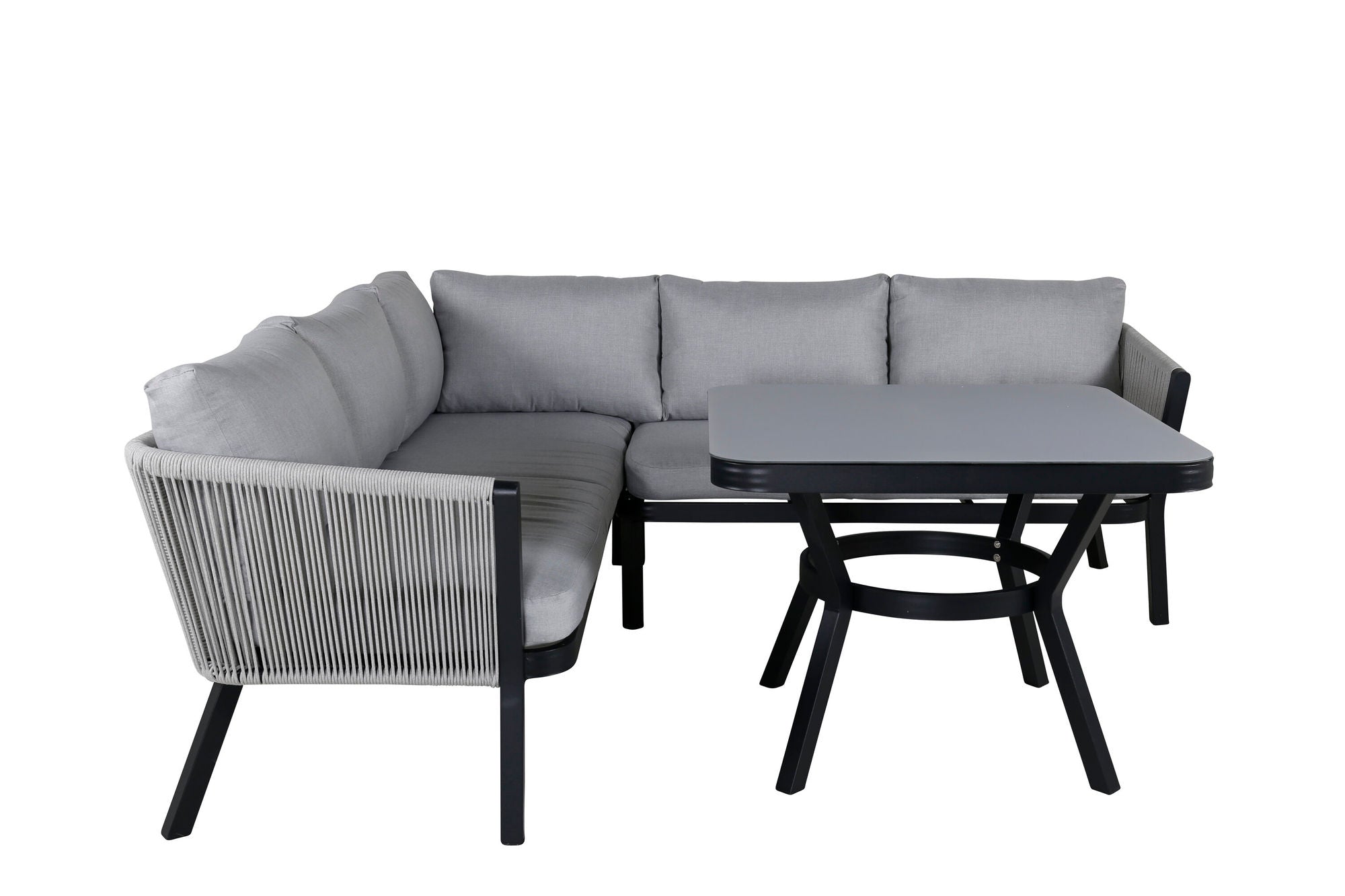 Venture Home Virya hjørne sofa set (3+2+1) BLACK alu / Grey rope / grey cushion