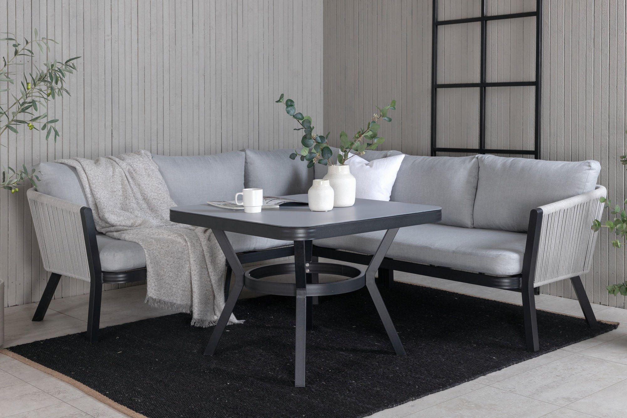 Venture Home Virya hjørne sofa set (3+2+1) BLACK alu / Grey rope / grey cushion