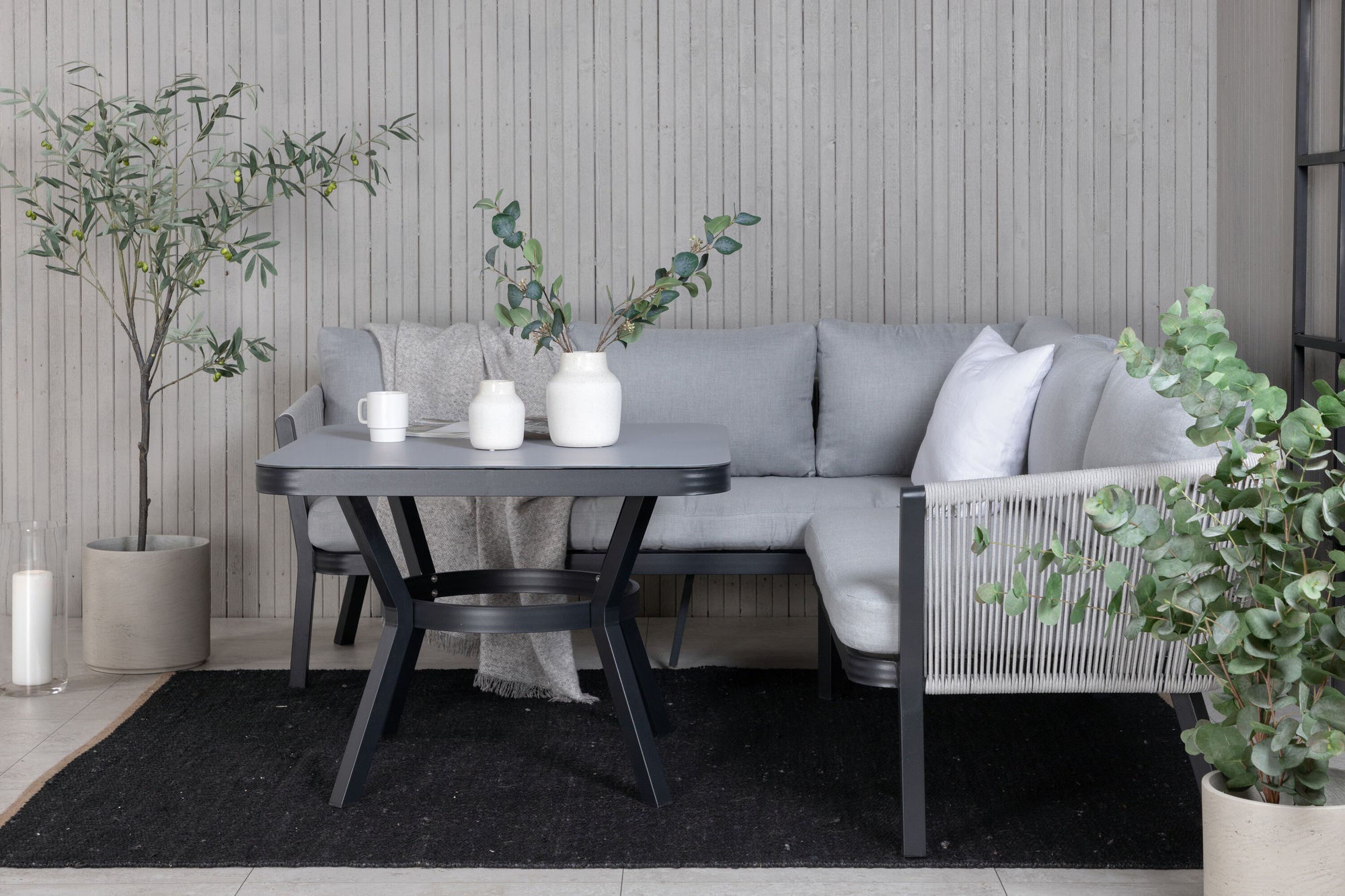Venture Home Virya hjørne sofa set (3+2+1) BLACK alu / Grey rope / grey cushion