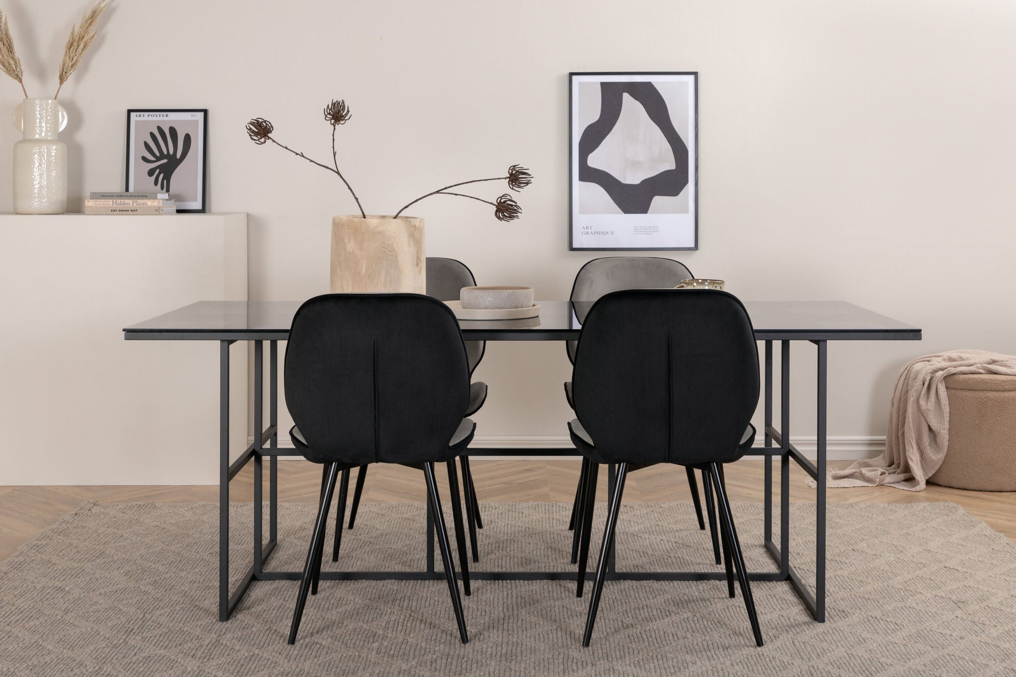 Venture Home Leif spisebord - Black / Black smoked smoked Glass+Emma stol - Black / Black and Light Grey Black Velvet in Back Grey Velvet in front_4