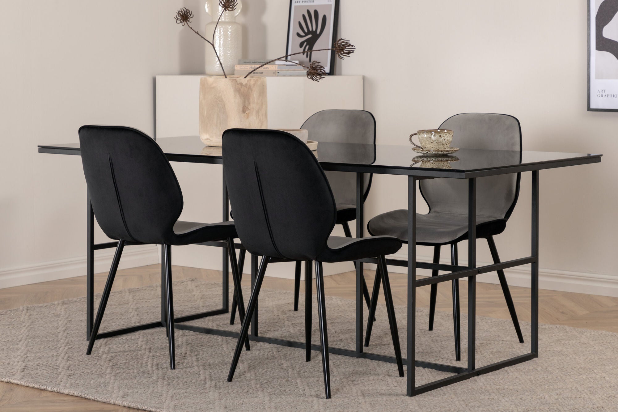Venture Home Leif spisebord - Black / Black smoked smoked Glass+Emma stol - Black / Black and Light Grey Black Velvet in Back Grey Velvet in front_4