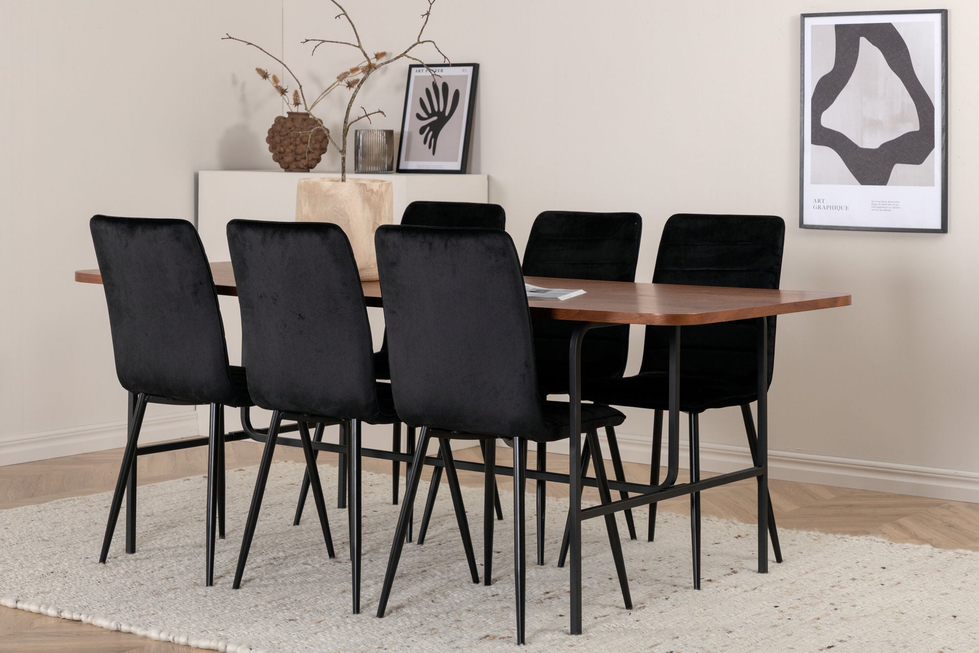 Venture Home Uno spisebord - Black / Walnut Veneer+Windu Lyx stol - Black / Black Velvet_6