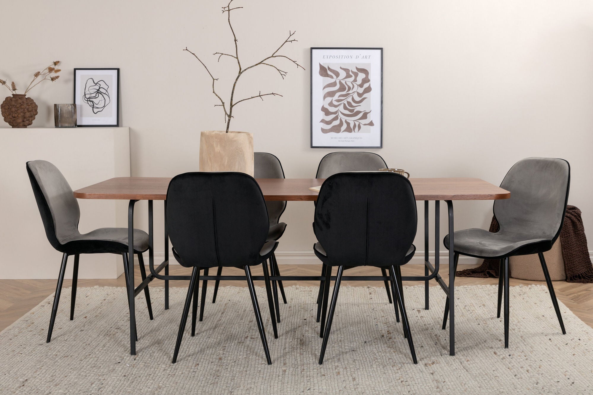 Venture Home Uno spisebord - Black / Walnut Veneer+Emma stol - Black / Black and Light Grey Black Velvet in Back Grey Velvet in front_6