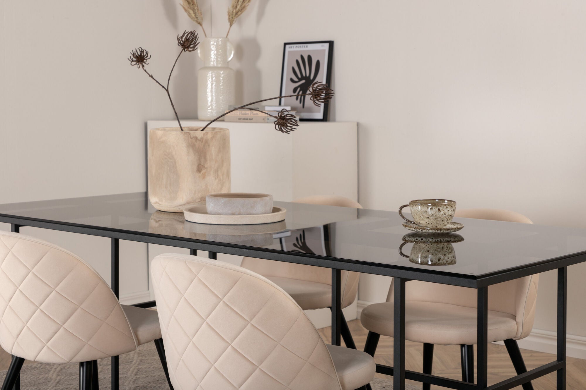 Venture Home Leif spisebord - Black / Black smoked smoked Glass+Velvet Stitches stol - Black / Beige Velvet_4