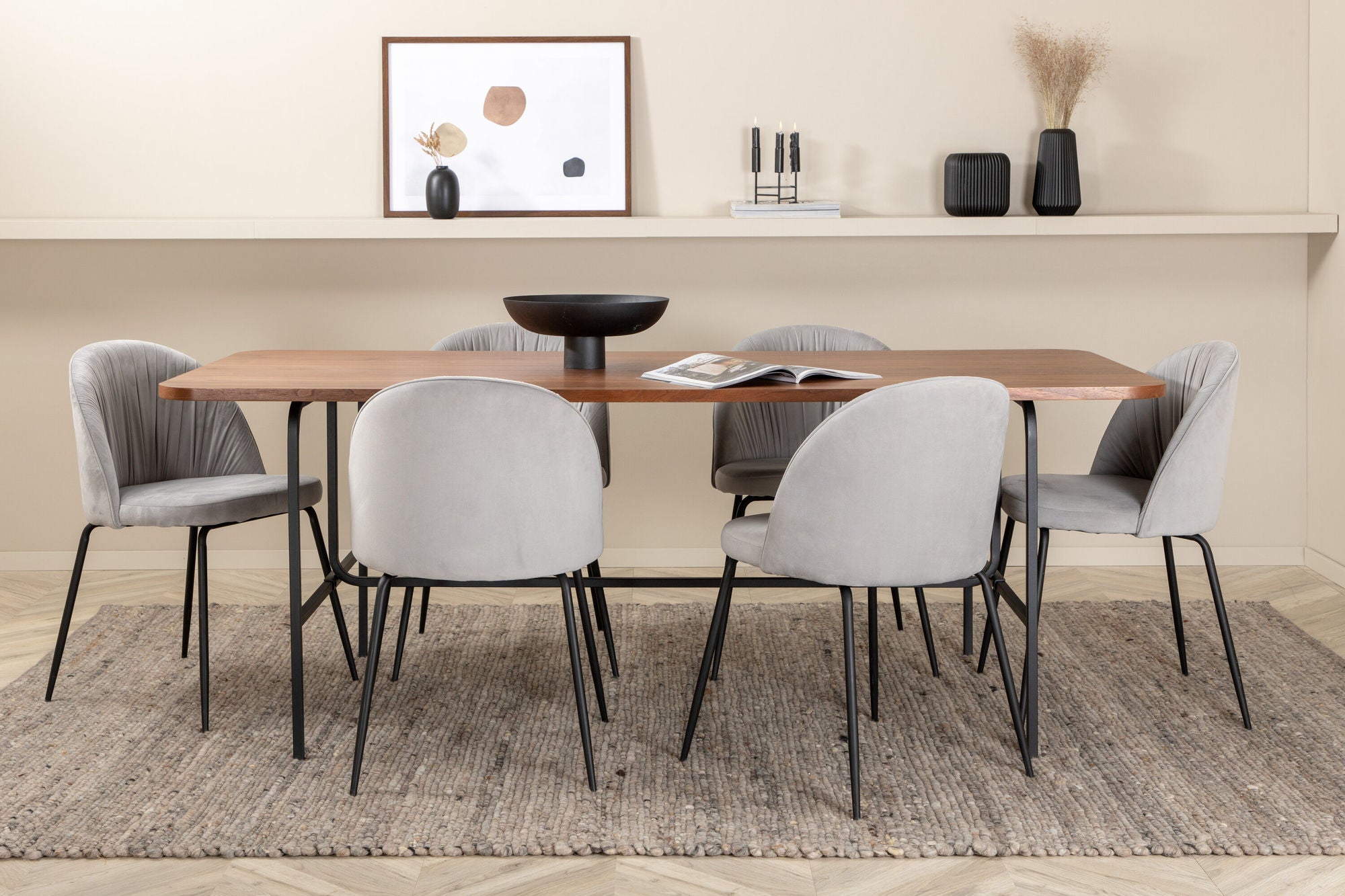 Venture Home Uno spisebord , Black Walnut Veneer+Wrinkles Spisebordsstol , Black Legs , Grey Velvet_6