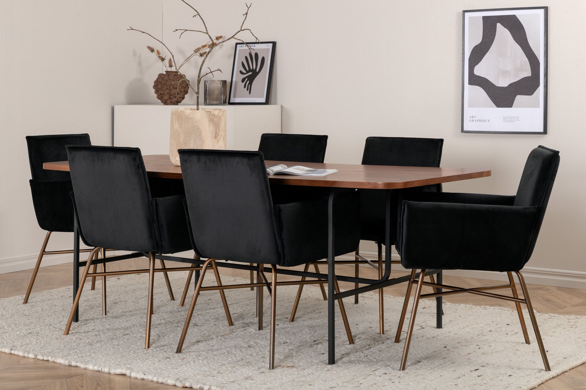 Venture Home Uno spisebord - Black / Walnut Veneer+Petra stol - Distressed Copper / Black Velvet_6