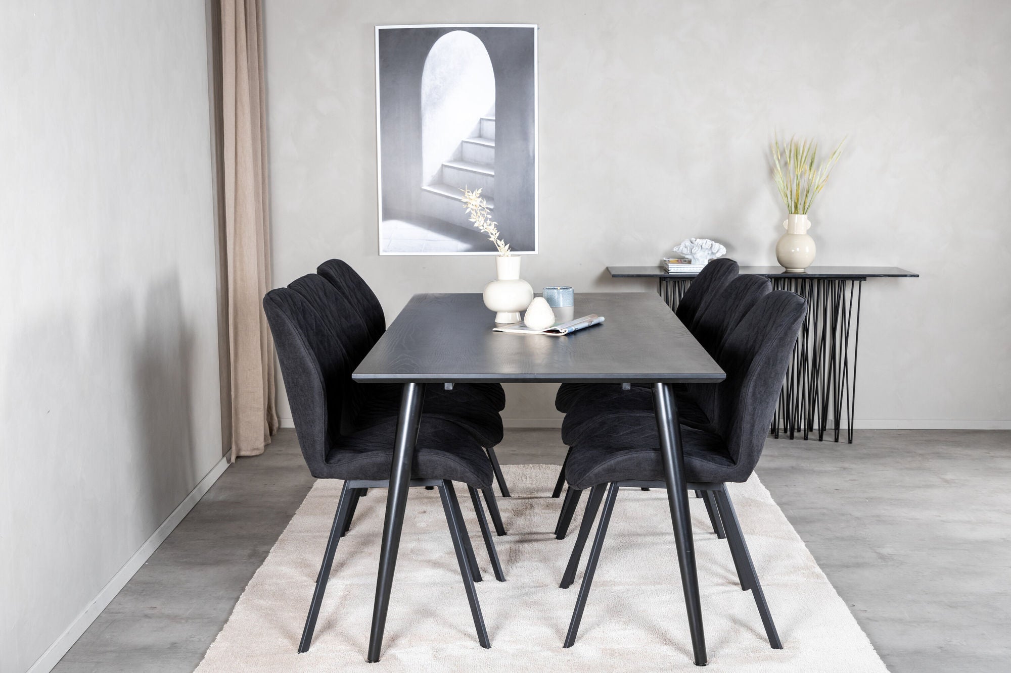 Venture Home Dipp spisebord - 180*90cm - Black Veneer / all black legs +Gemma Spisebordsstol - Black Legs - Black Fabric_6
