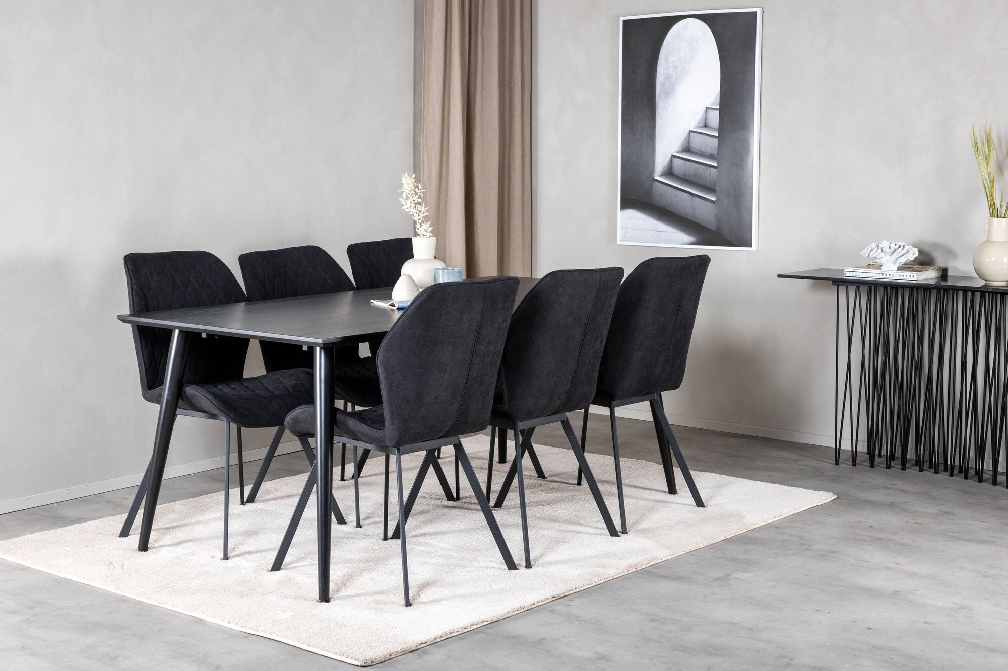 Venture Home Dipp spisebord - 180*90cm - Black Veneer / all black legs +Gemma Spisebordsstol - Black Legs - Black Fabric_6