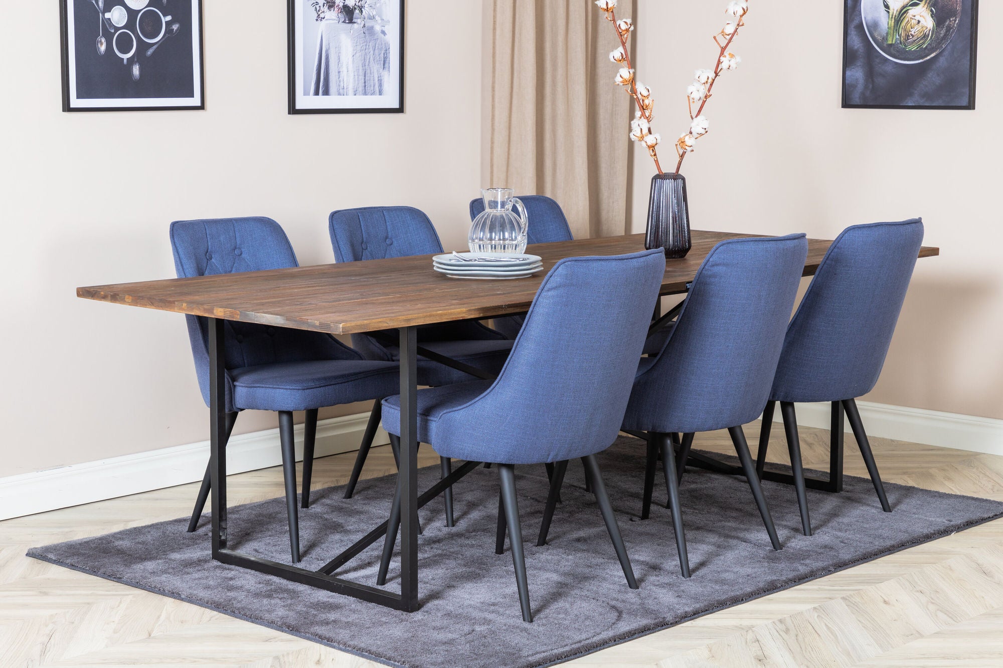 Venture Home Padang spisebord - 250*100*H76 - Dark Teak / Black+Velvet Deluxe Spisebordsstol - Black Legs - Blue Fabric_6