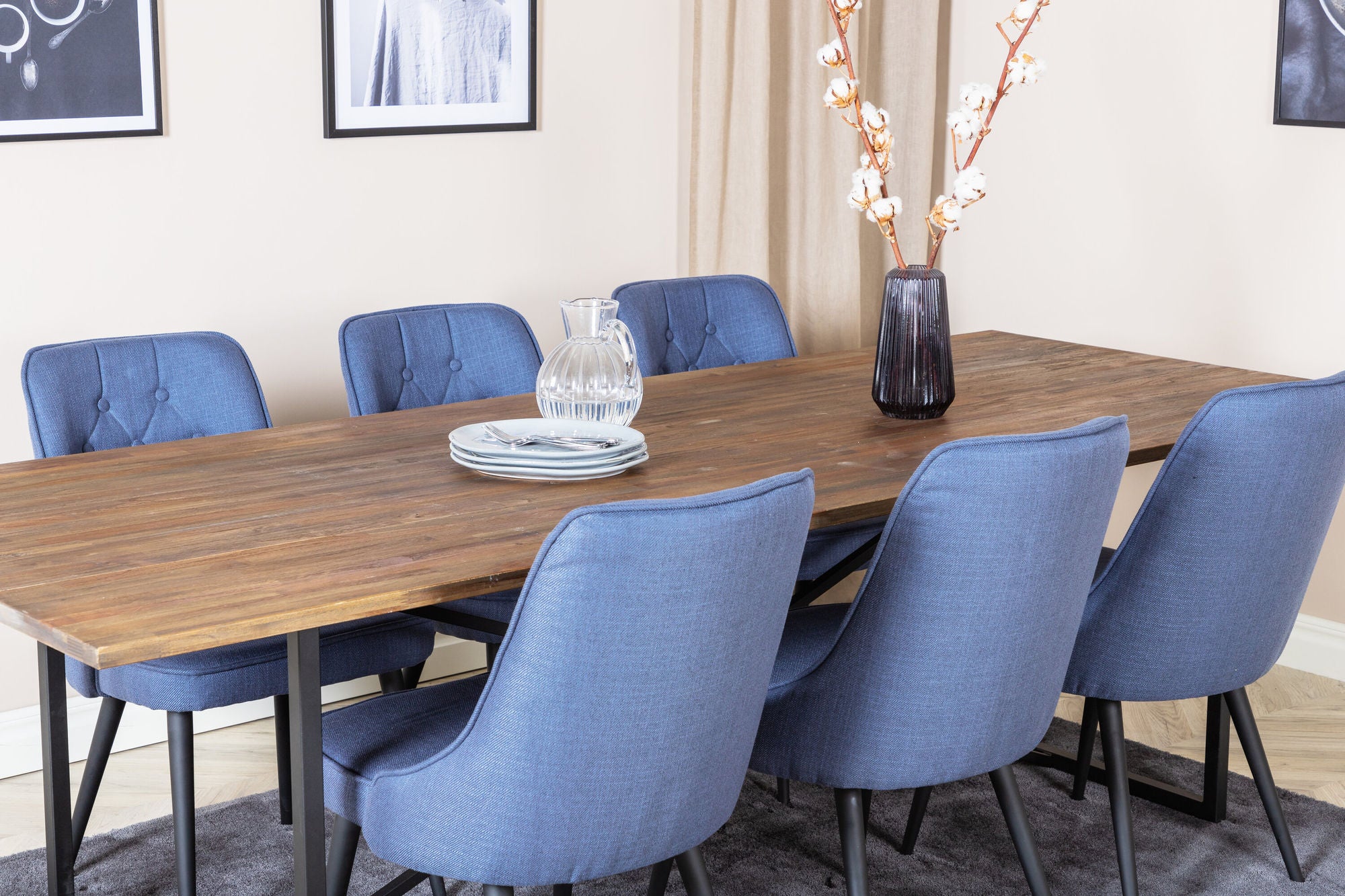 Venture Home Padang spisebord - 250*100*H76 - Dark Teak / Black+Velvet Deluxe Spisebordsstol - Black Legs - Blue Fabric_6