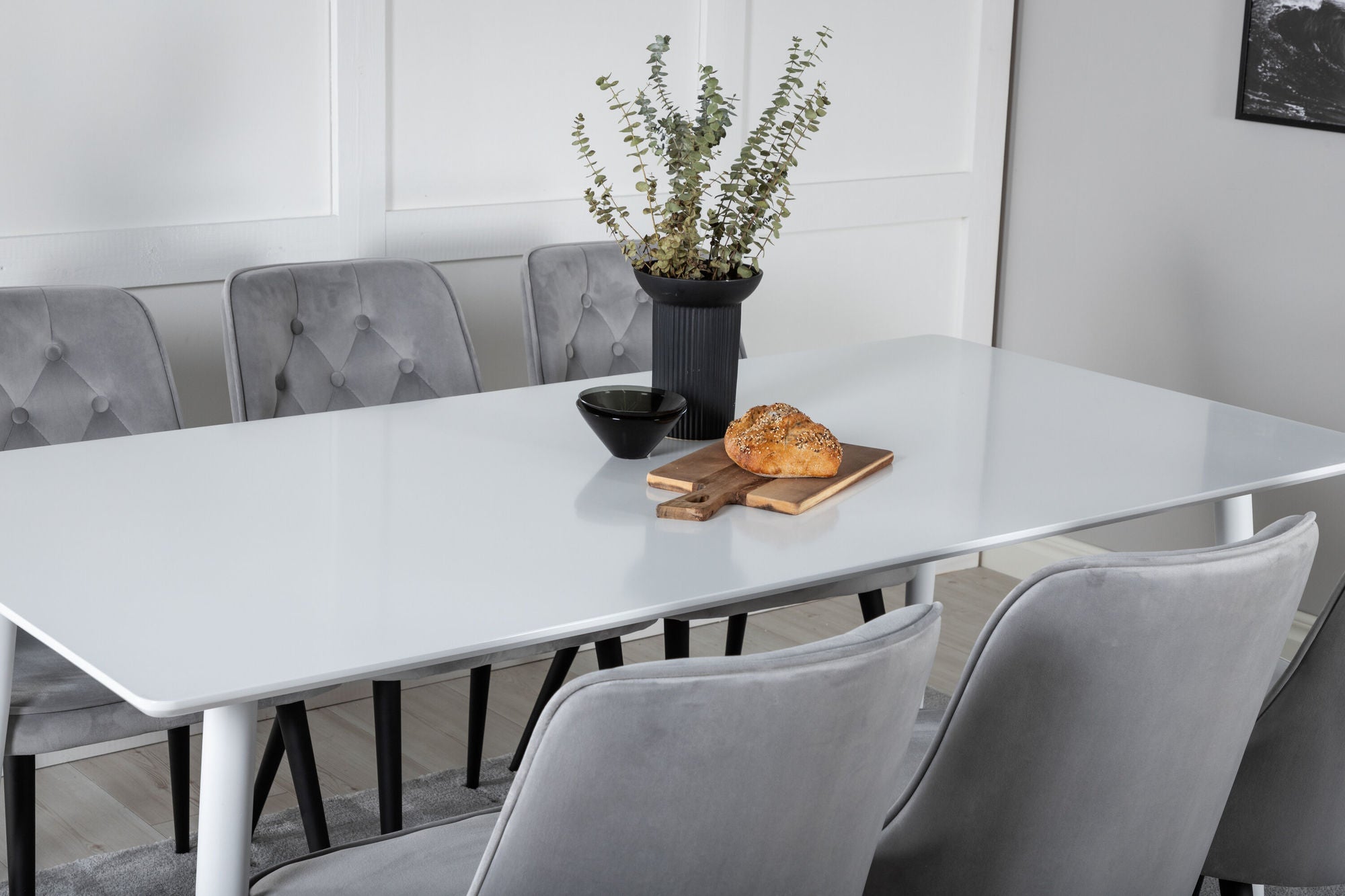 Venture Home Polar spisebord 180 cm - White top / White Legs+Velvet Deluxe Spisebordsstol - Light Grey / Black_6