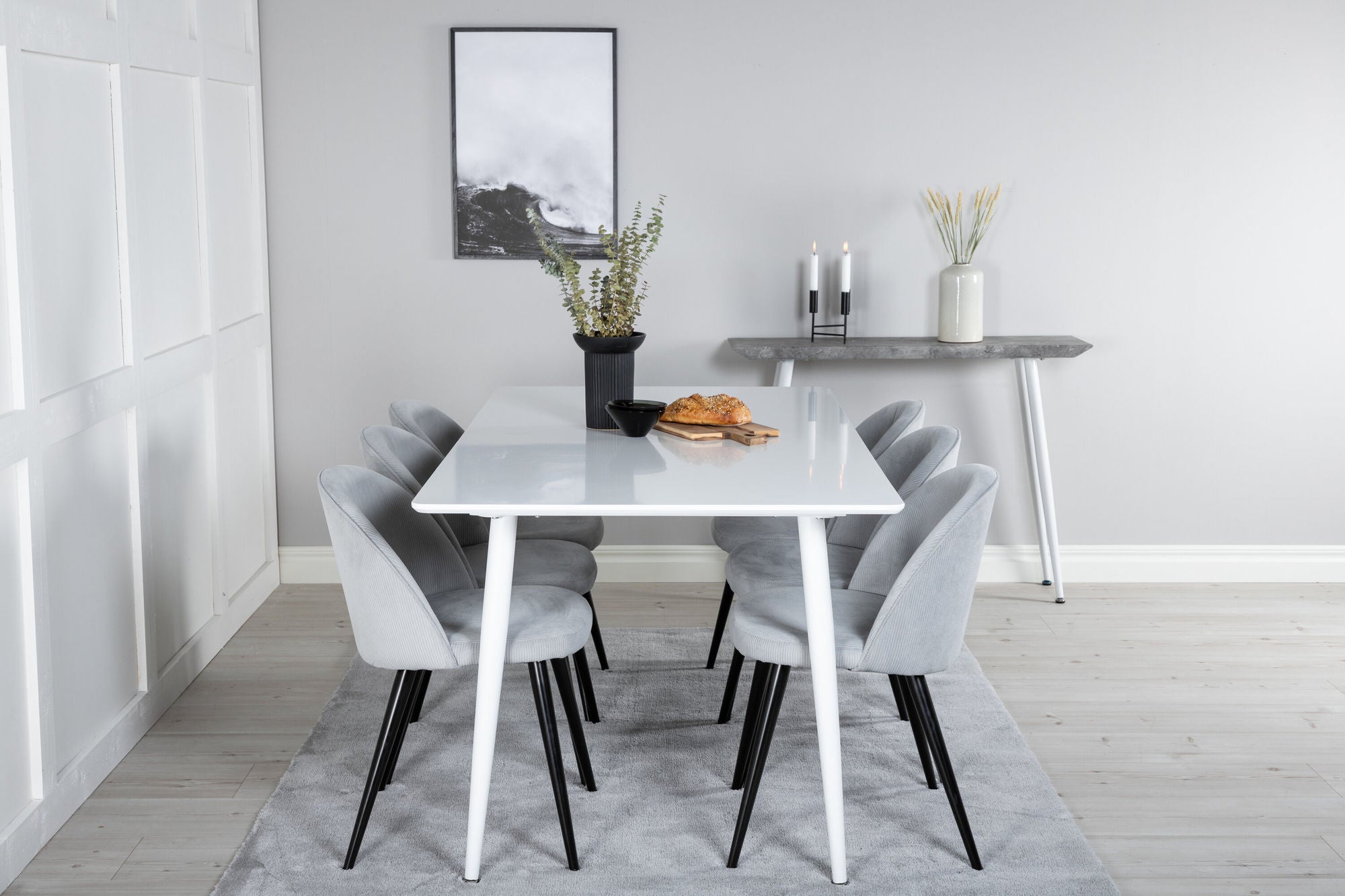 Venture Home Polar spisebord 180 cm - White top / White Legs+Velvet Spisebordsstol Corduroy - Light Grey / Black_6