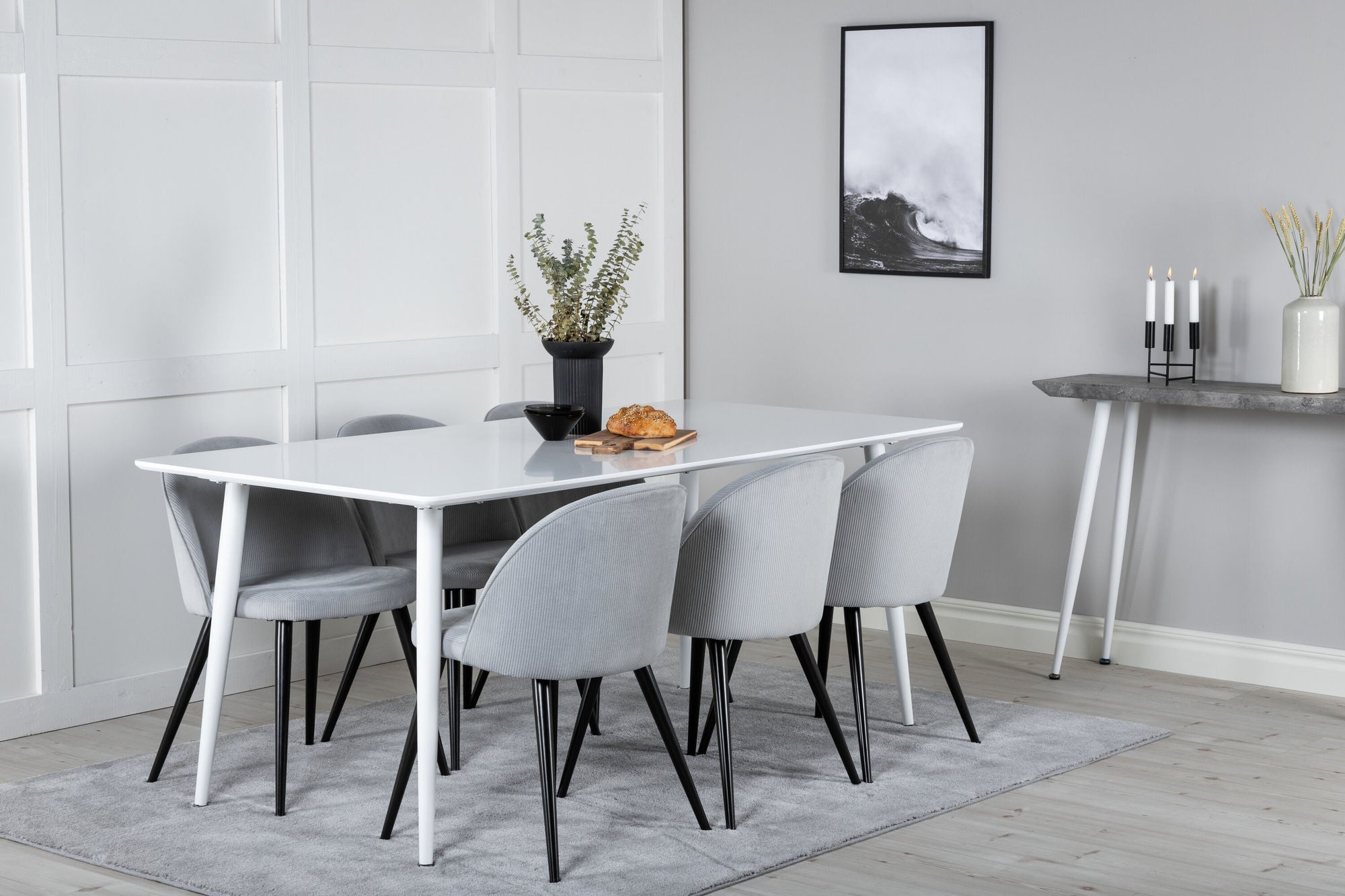 Venture Home Polar spisebord 180 cm - White top / White Legs+Velvet Spisebordsstol Corduroy - Light Grey / Black_6
