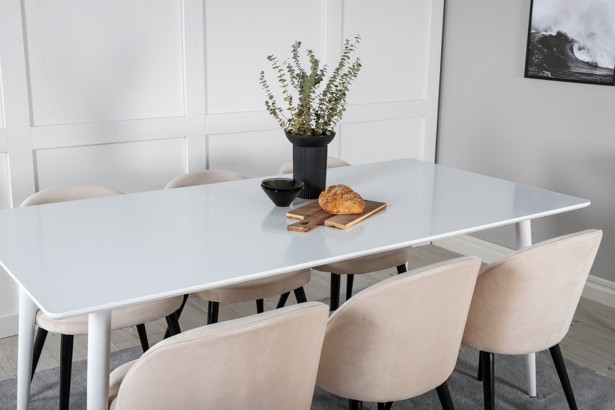 Venture Home Polar spisebord 180 cm - White top / White Legs+Velvet Spisebordsstol - Beige / Black_6