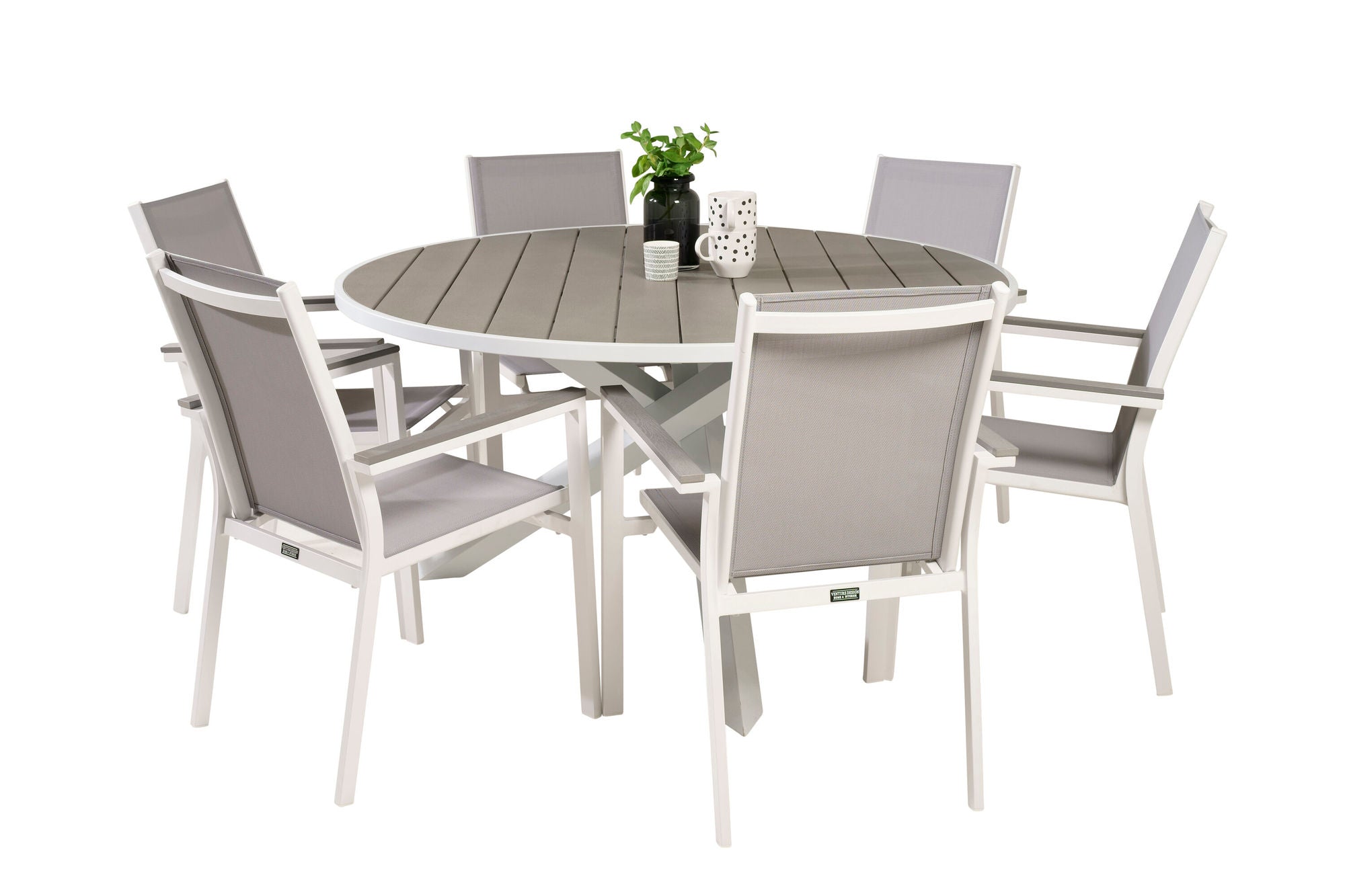 Venture Home Parma spisebord ø140 - White Alu / Grey Aintwood+Parma Arm stol (stackable)