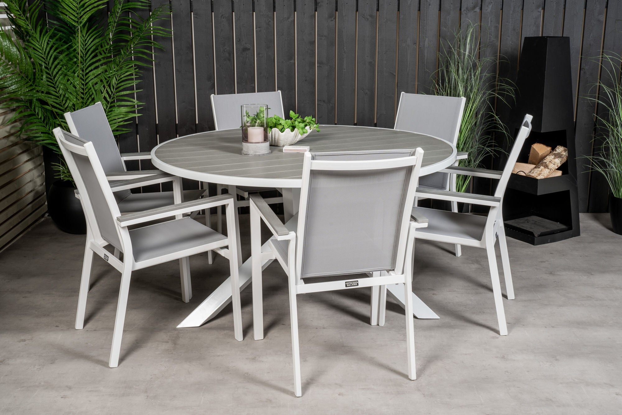Venture Home Parma spisebord ø140 - White Alu / Grey Aintwood+Parma Arm stol (stackable)