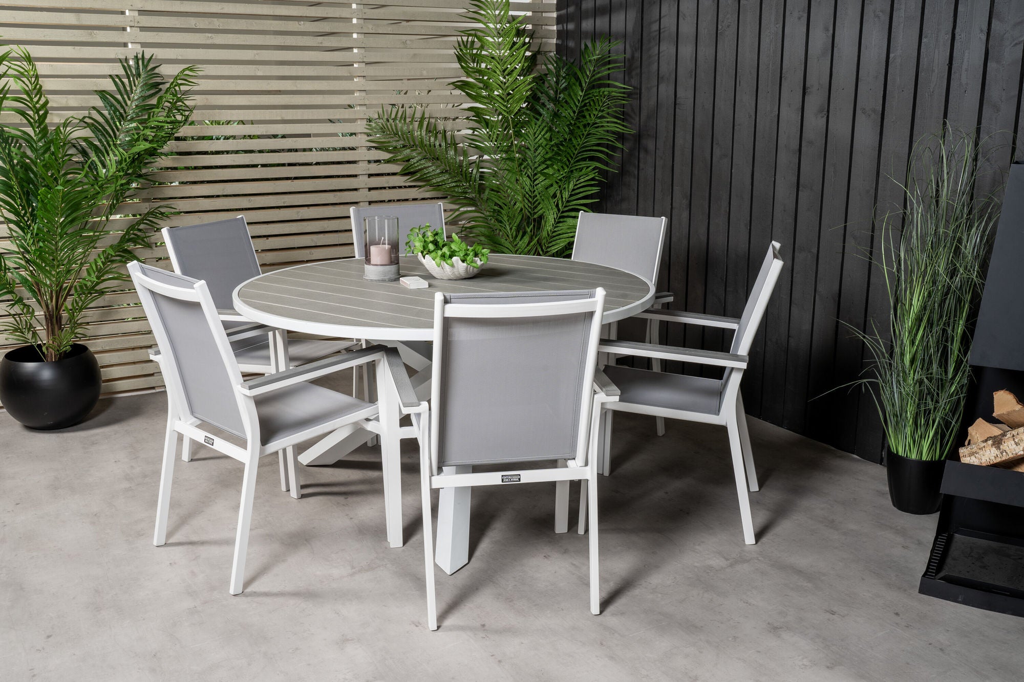 Venture Home Parma spisebord ø140 - White Alu / Grey Aintwood+Parma Arm stol (stackable)