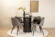 Venture Home Marbs rund spisebord - Black / Black Glass Marble+Velvet Stitches stol - Black / Grey Micro Fibre_4