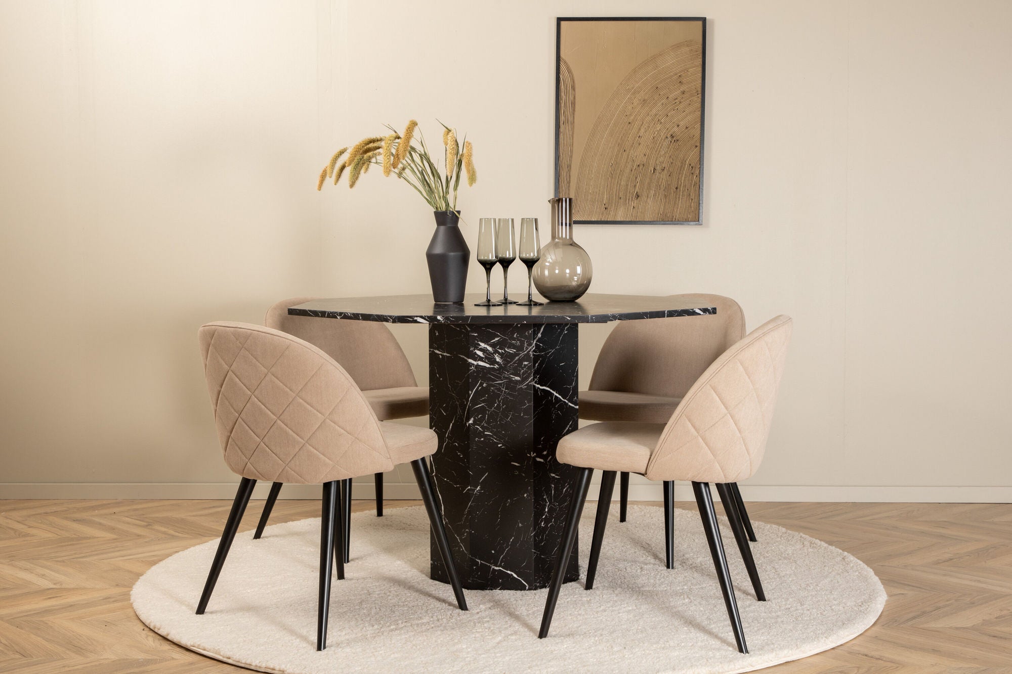 Venture Home Marbs rund spisebord - Black / Black Glass Marble+Velvet Stitches stol - Black / Beige Fabric (Polyester linen )_4