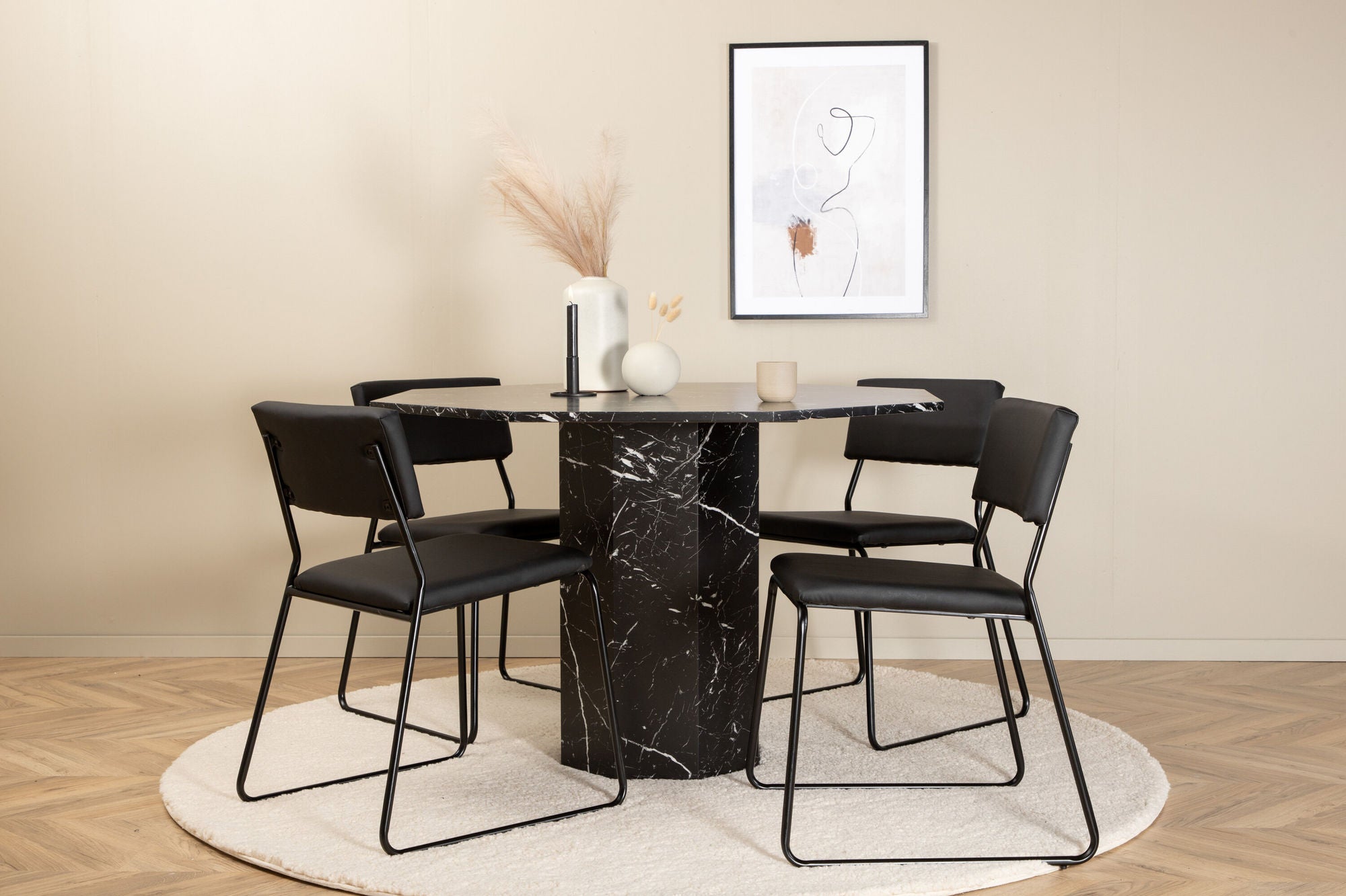 Venture Home Marbs rund spisebord - Black / Black Glass Marble+Kenth stol - Black / Black PU_4