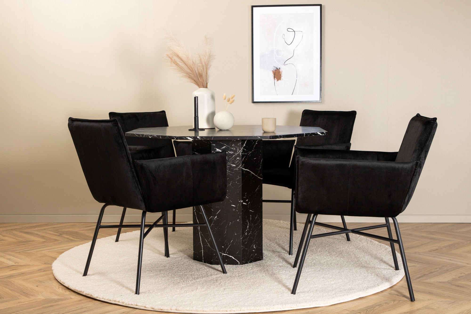 Venture Home Marbs rund spisebord - Black / Black Glass Marble+Petra stol - Black / Black Velvet_4
