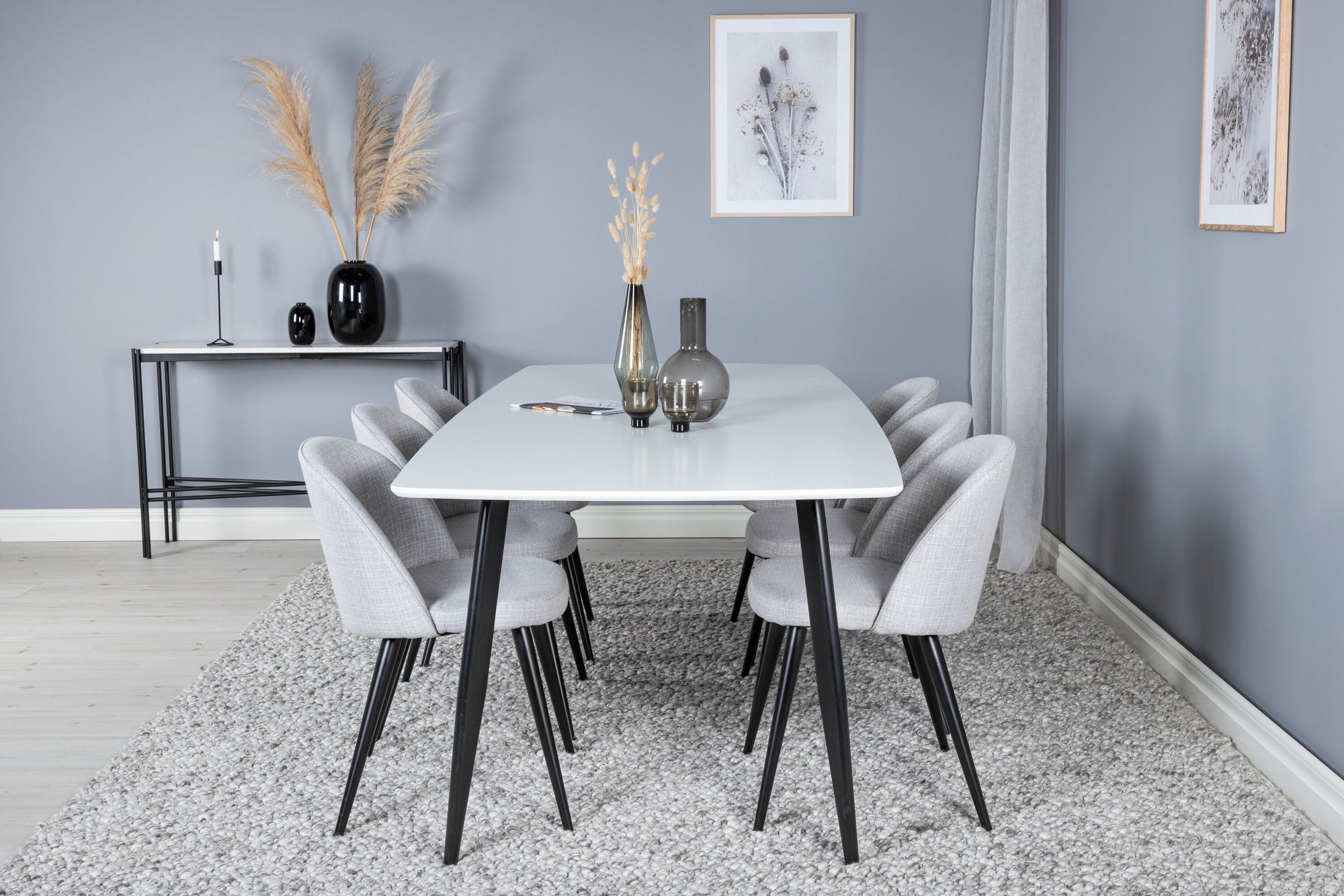 Venture Home Polar Elips Matbord - Svart / Vit - 240*100*H75 +Velvet Spisebordsstol - Black legs - Light GreyFabric _6