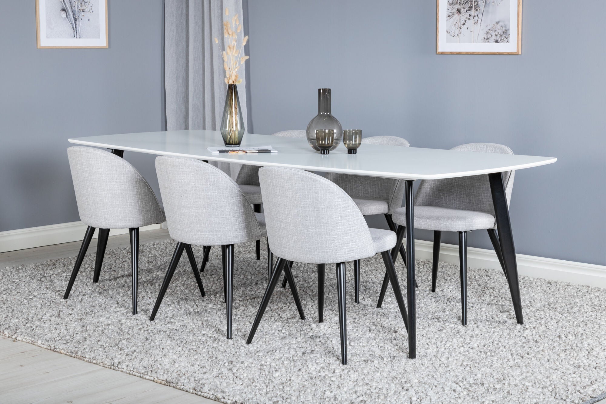 Venture Home Polar Elips Matbord - Svart / Vit - 240*100*H75 +Velvet Spisebordsstol - Black legs - Light GreyFabric _6