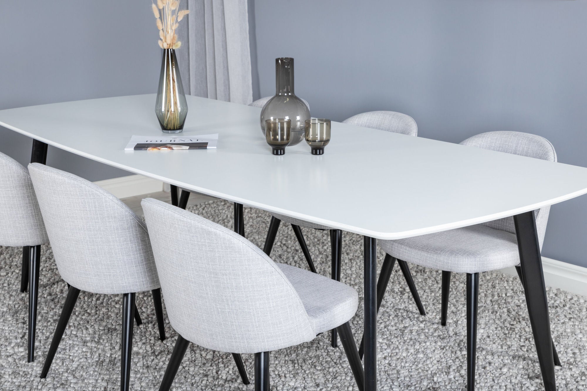 Venture Home Polar Elips Matbord - Svart / Vit - 240*100*H75 +Velvet Spisebordsstol - Black legs - Light GreyFabric _6