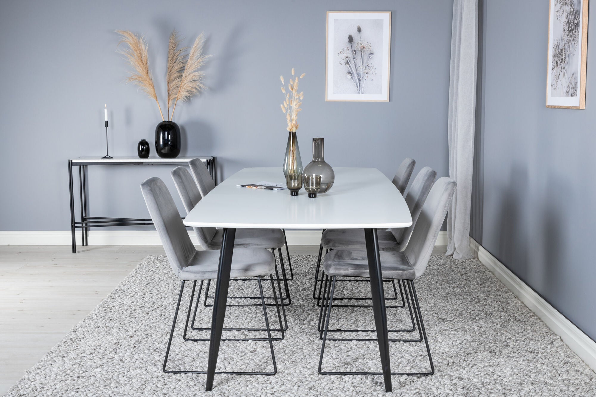 Venture Home Polar Elips Matbord - Svart / Vit - 240*100*H75 +Muce Spisebordsstol - Black Legs - Grey Velvet _6
