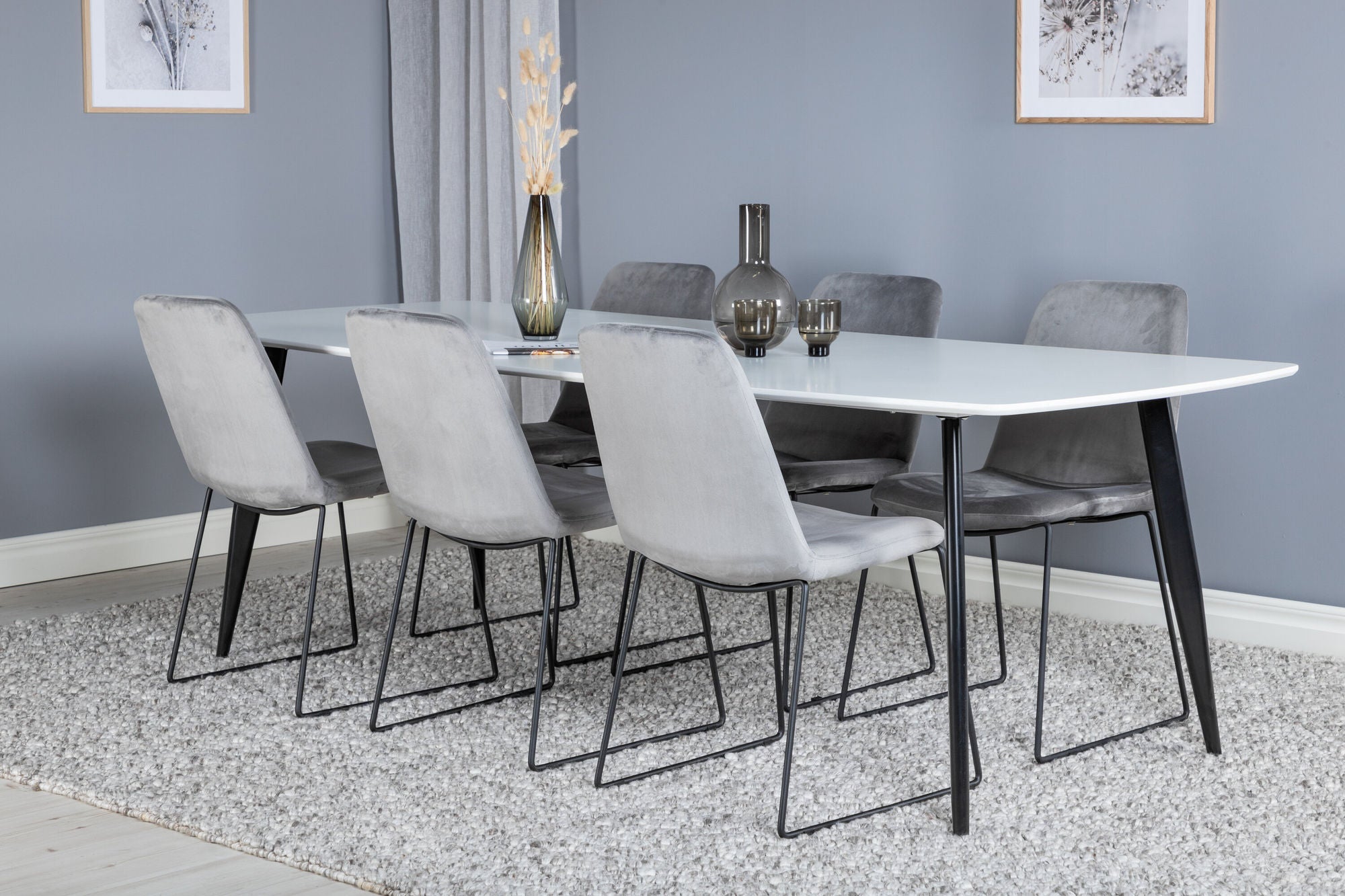 Venture Home Polar Elips Matbord - Svart / Vit - 240*100*H75 +Muce Spisebordsstol - Black Legs - Grey Velvet _6