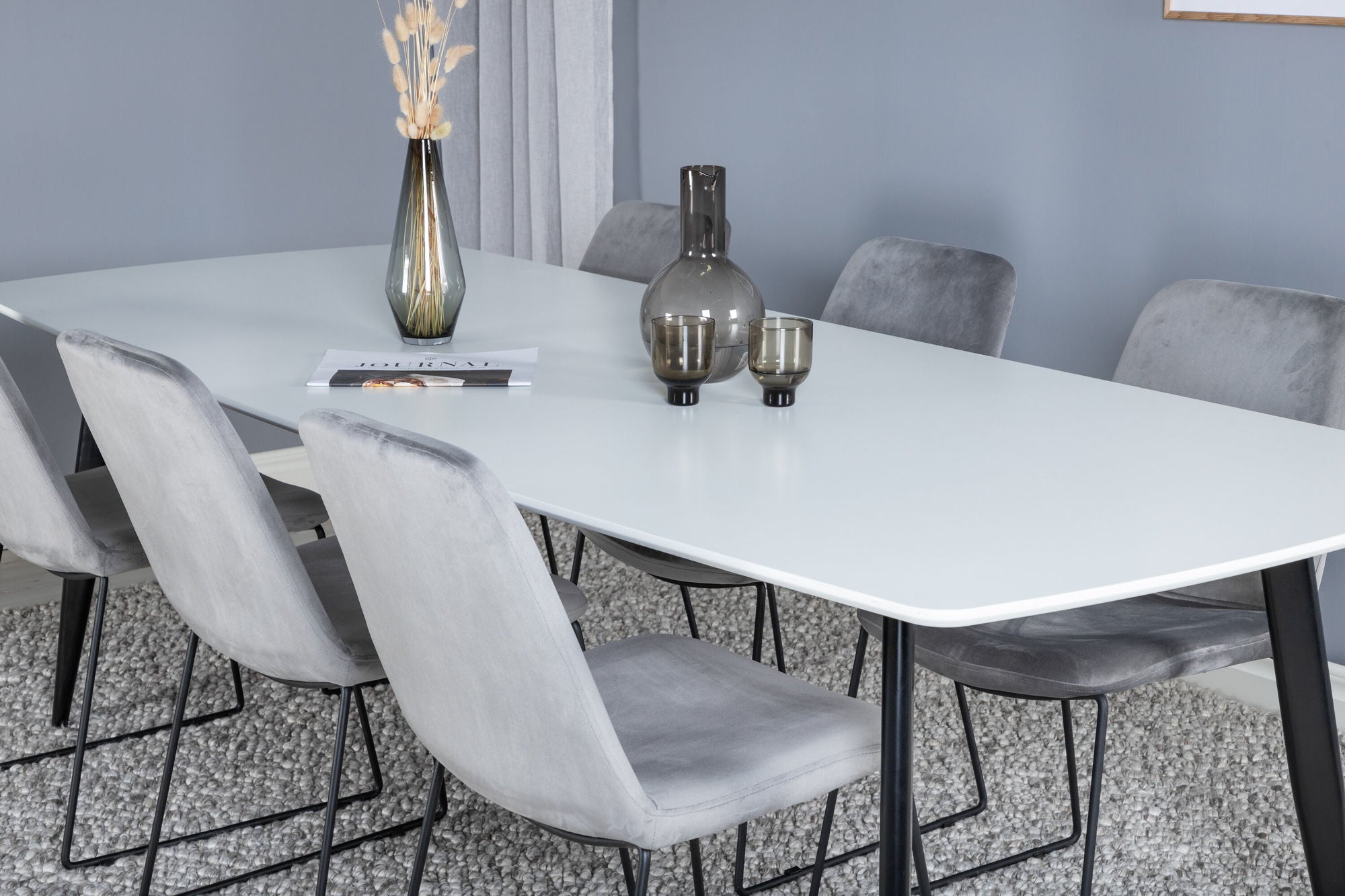 Venture Home Polar Elips Matbord - Svart / Vit - 240*100*H75 +Muce Spisebordsstol - Black Legs - Grey Velvet _6