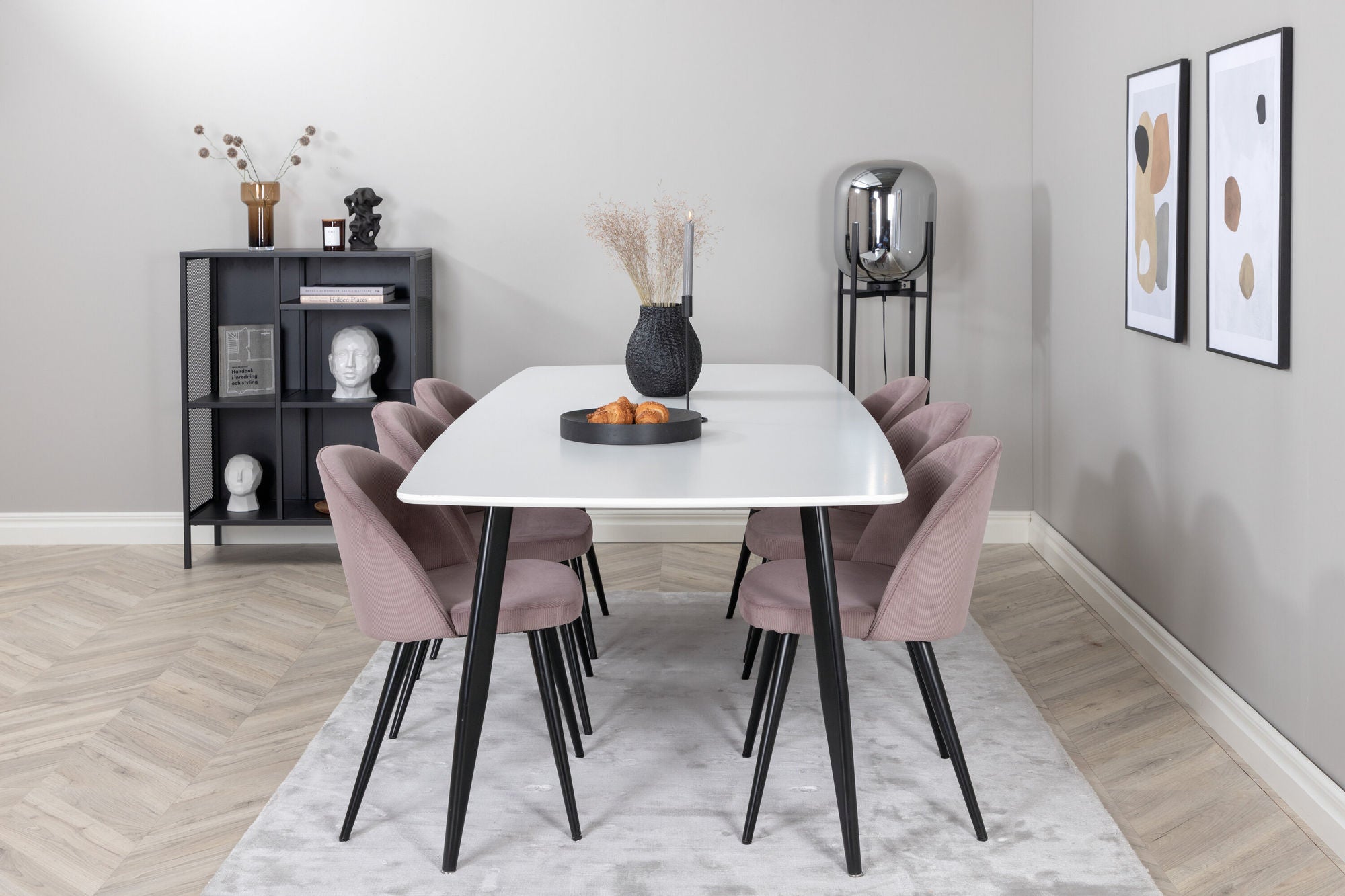 Venture Home Polar Elips Matbord - Svart / Vit - 240*100*H75 +Velvet Spisebordsstol Corduroy - Pink / Black _6