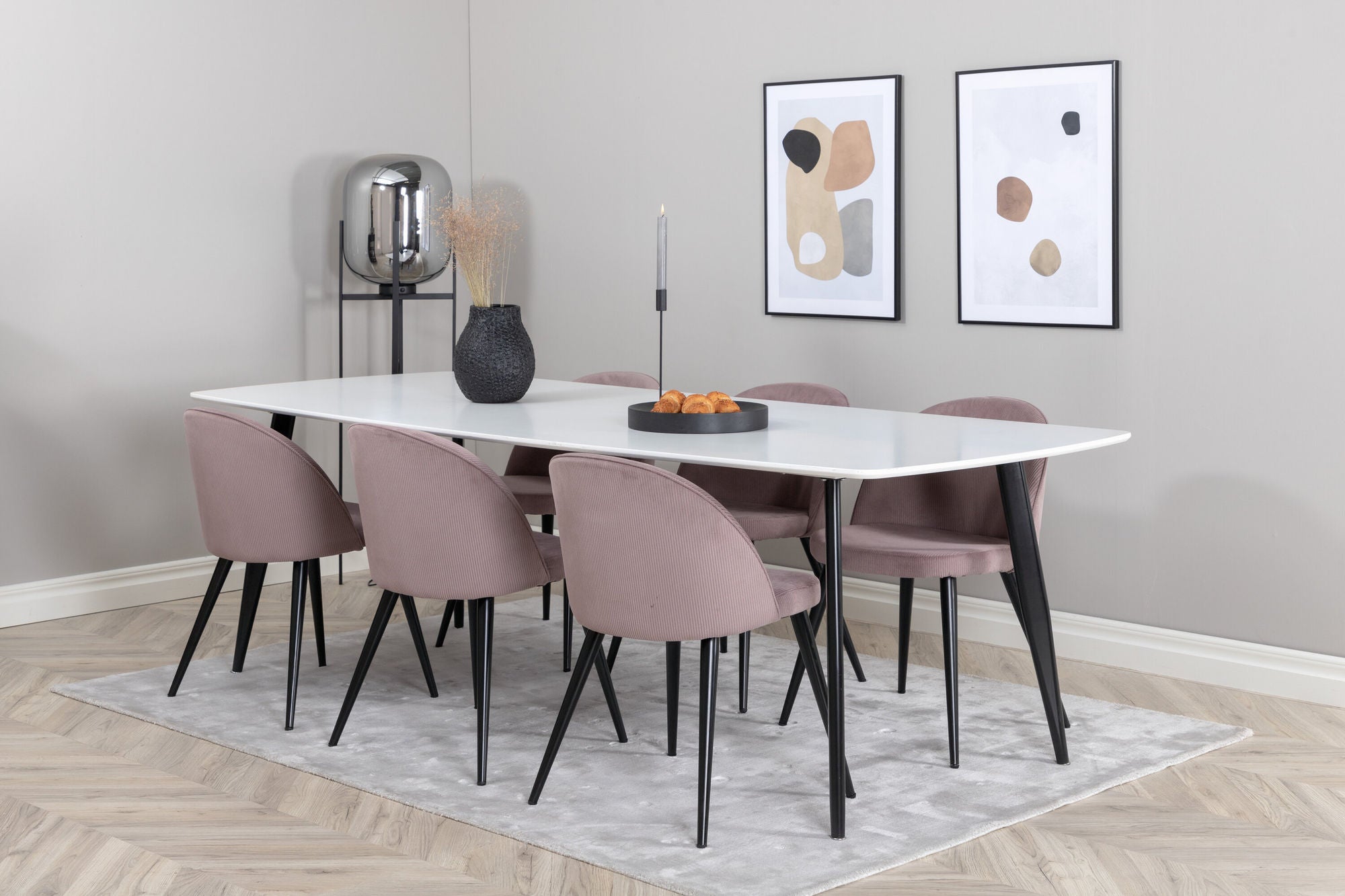 Venture Home Polar Elips Matbord - Svart / Vit - 240*100*H75 +Velvet Spisebordsstol Corduroy - Pink / Black _6