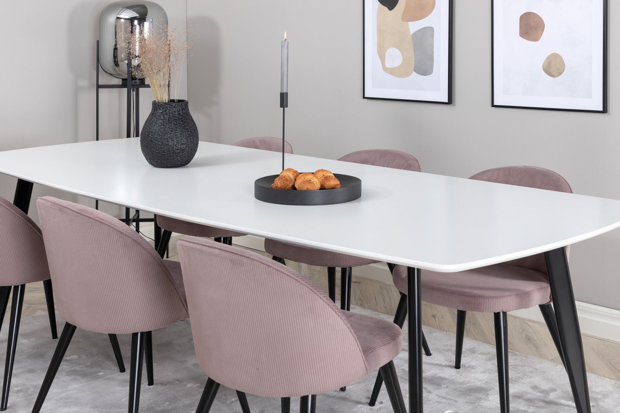 Venture Home Polar Elips Matbord - Svart / Vit - 240*100*H75 +Velvet Spisebordsstol Corduroy - Pink / Black _6