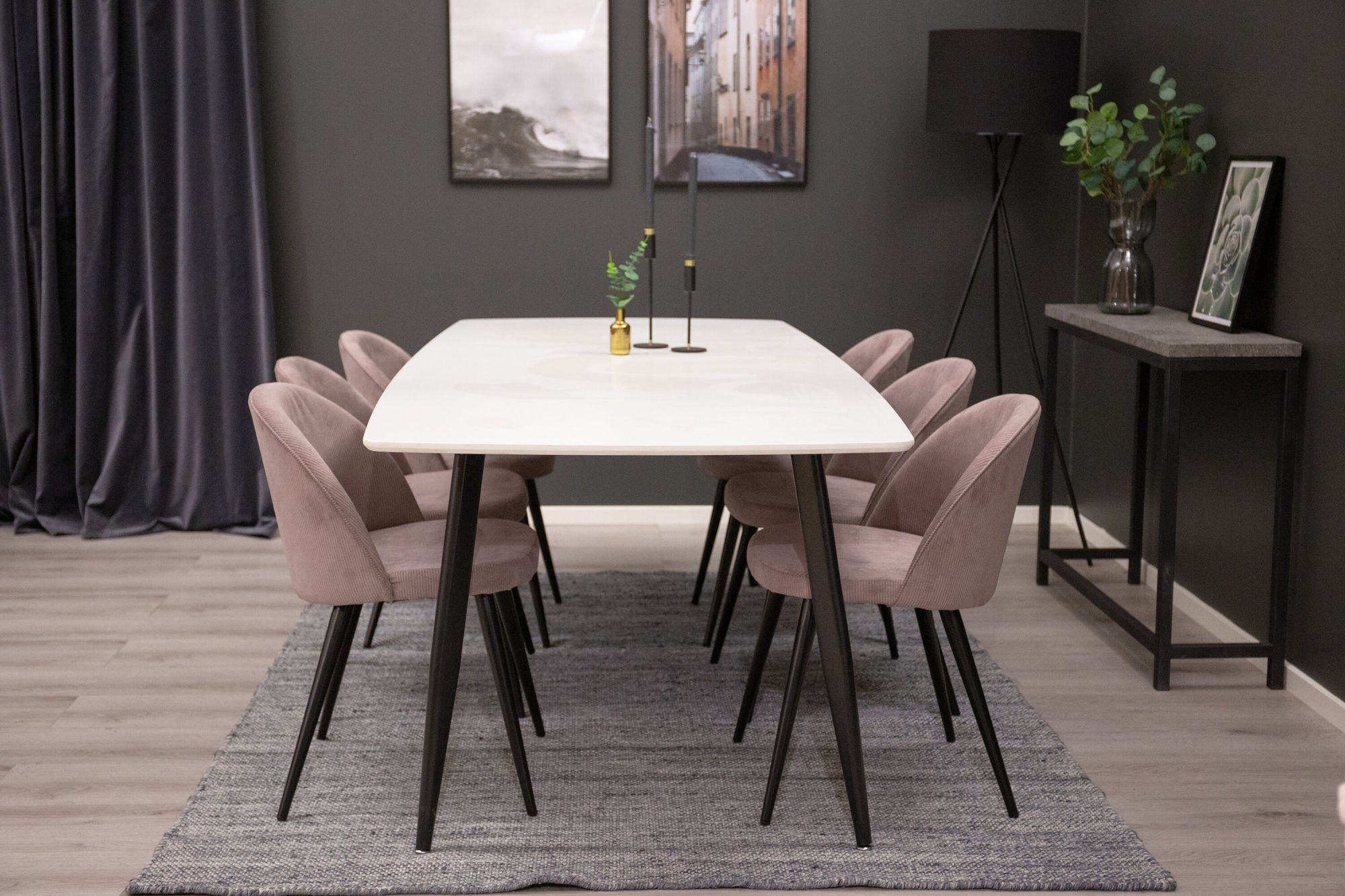 Venture Home Polar Elips Matbord - Svart / Vit - 240*100*H75 +Velvet Spisebordsstol Corduroy - Pink / Black _6